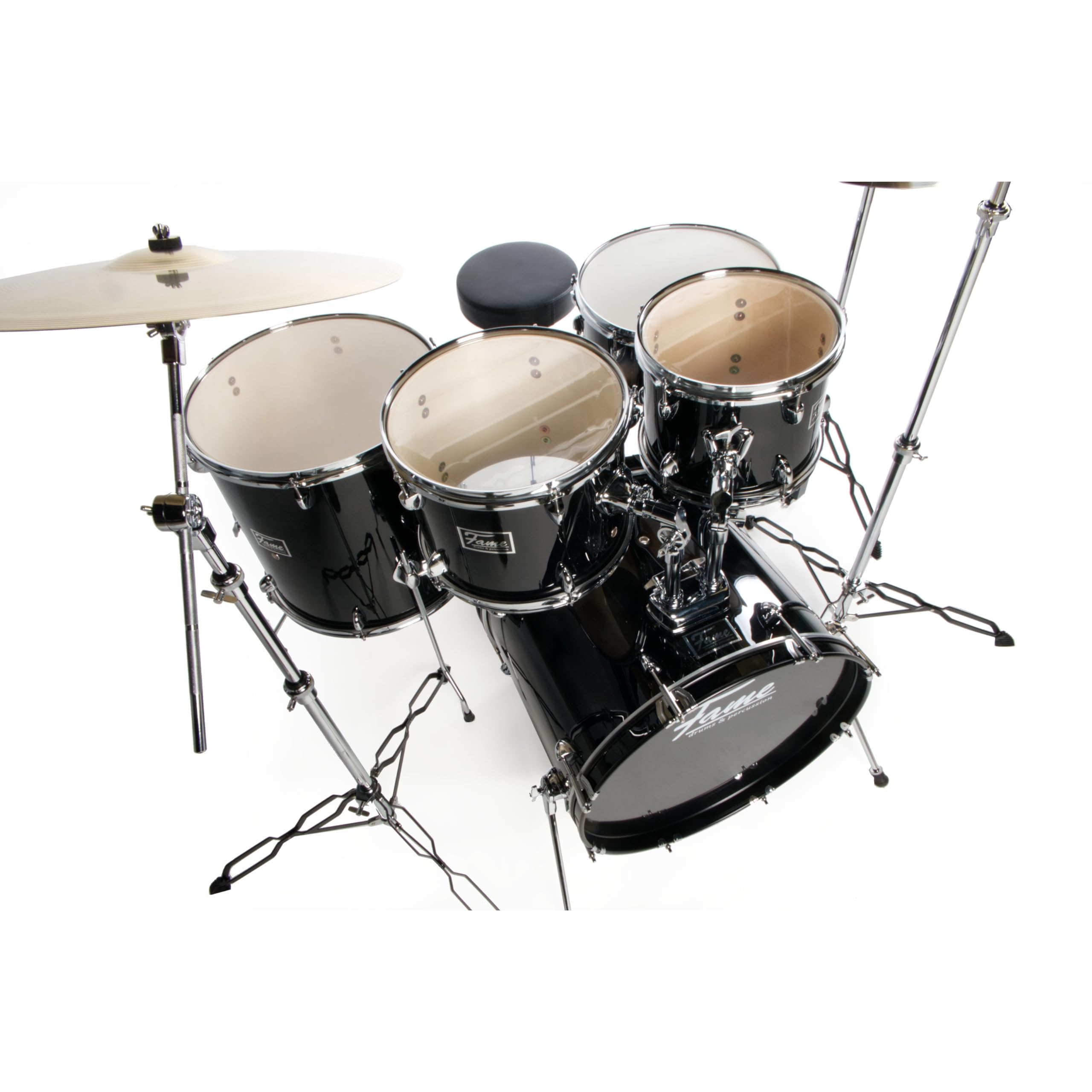 Fame FG22B-BK First Gig Rock Set, Komplettes Drum-Set Schwarz, Inklusive Becken und Hardware, Pappel-Kessel, 22 Zoll Bass Drum, 10 und 12 Zoll Tom-Tom, 16 Zoll Floor Tom, 14 Zoll Snare, Ideal für