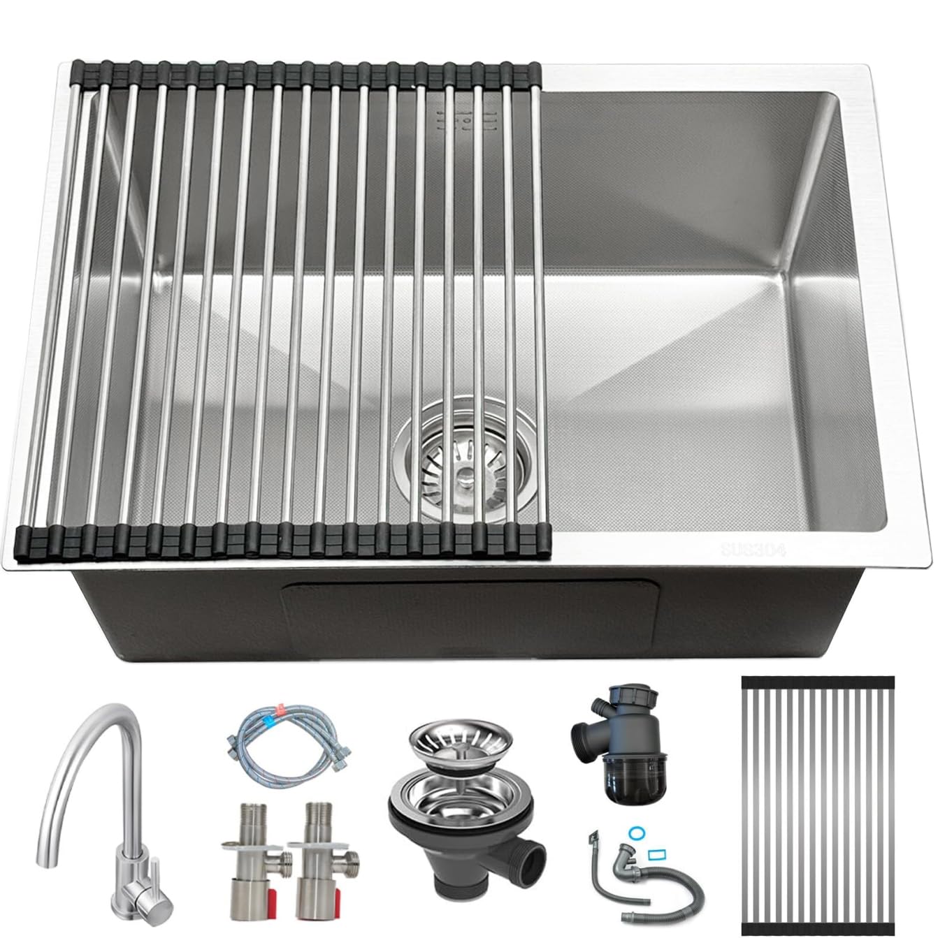 KOOGIMDDR Sink with Tap 55 x 40 cm, Kitchen Sink 1 Basin Top Mount, Kitchen Sink incl. Soap Dispenser and Siphon, with Draining Surface Modern Stainless Steel Sink