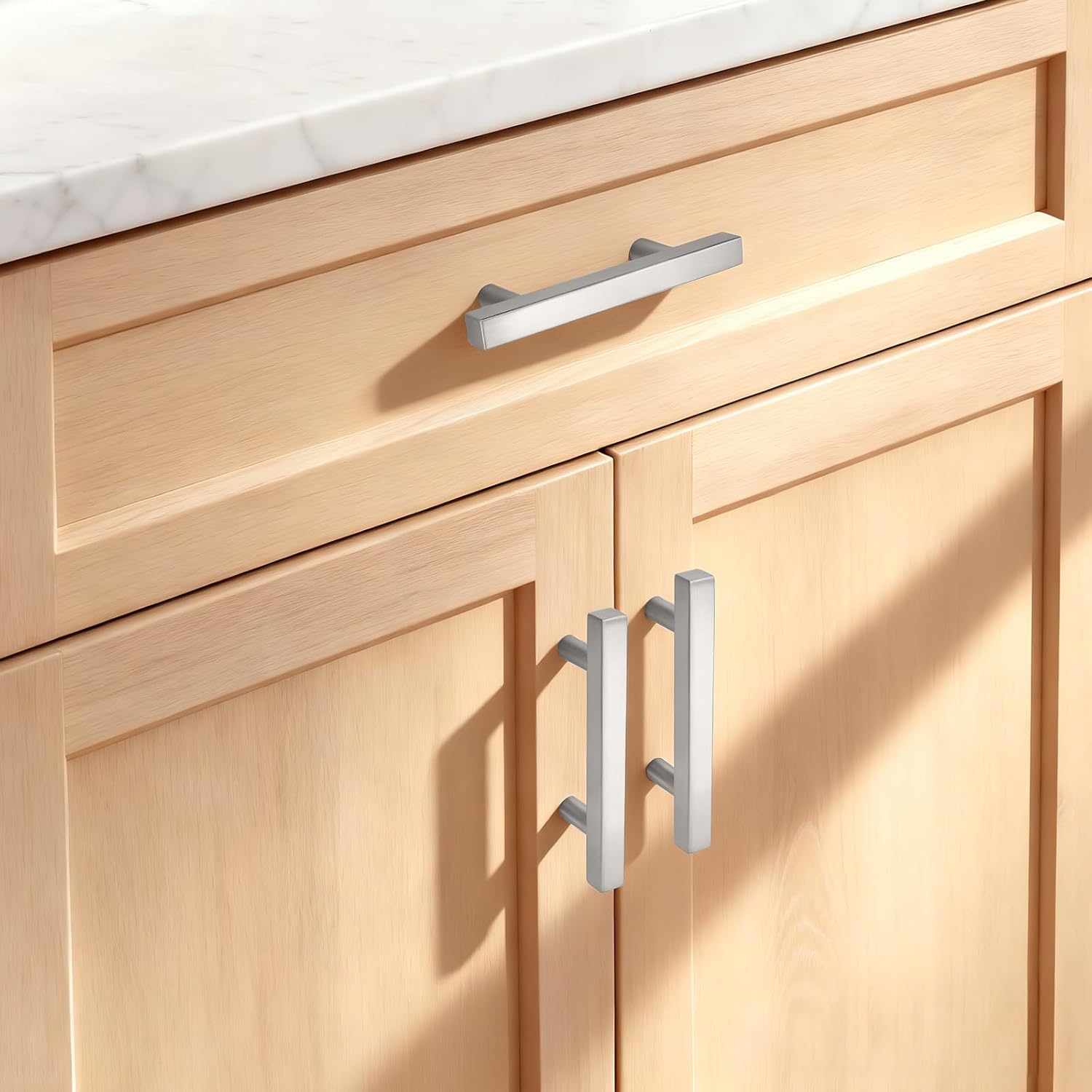 Probrico 30 Pack Square Brushed Nickel Kitchen Cabinet Handles, 3inch(76mm) Holes Spacing Dresser Drawer Pull Handles, Stainless Steel Kitchen Cabinet Pulls