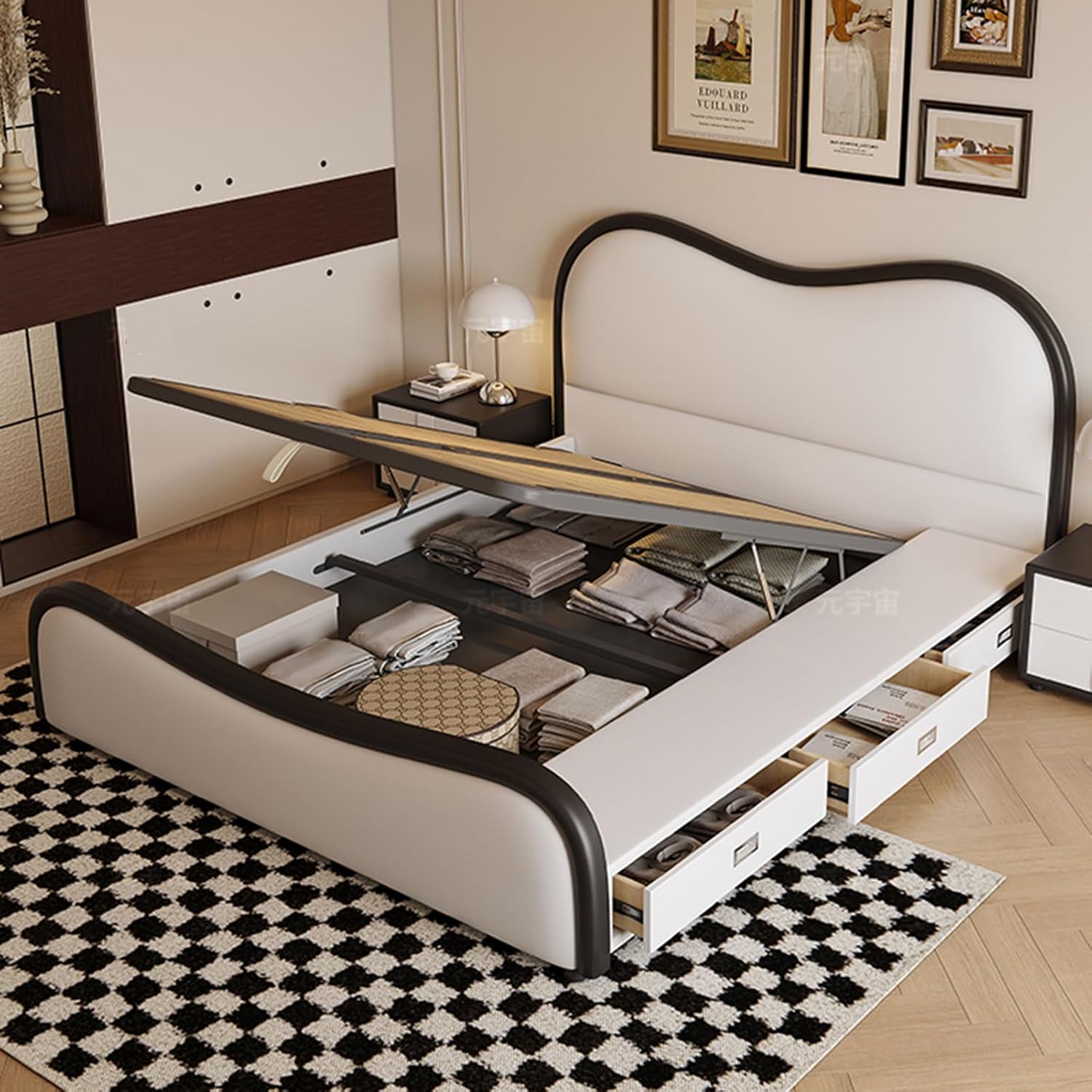 Leather Modern Simplicity Queen Size Platform Bed Ergonomic Upholstered Headboard Wooden Slats Support Noise-Free