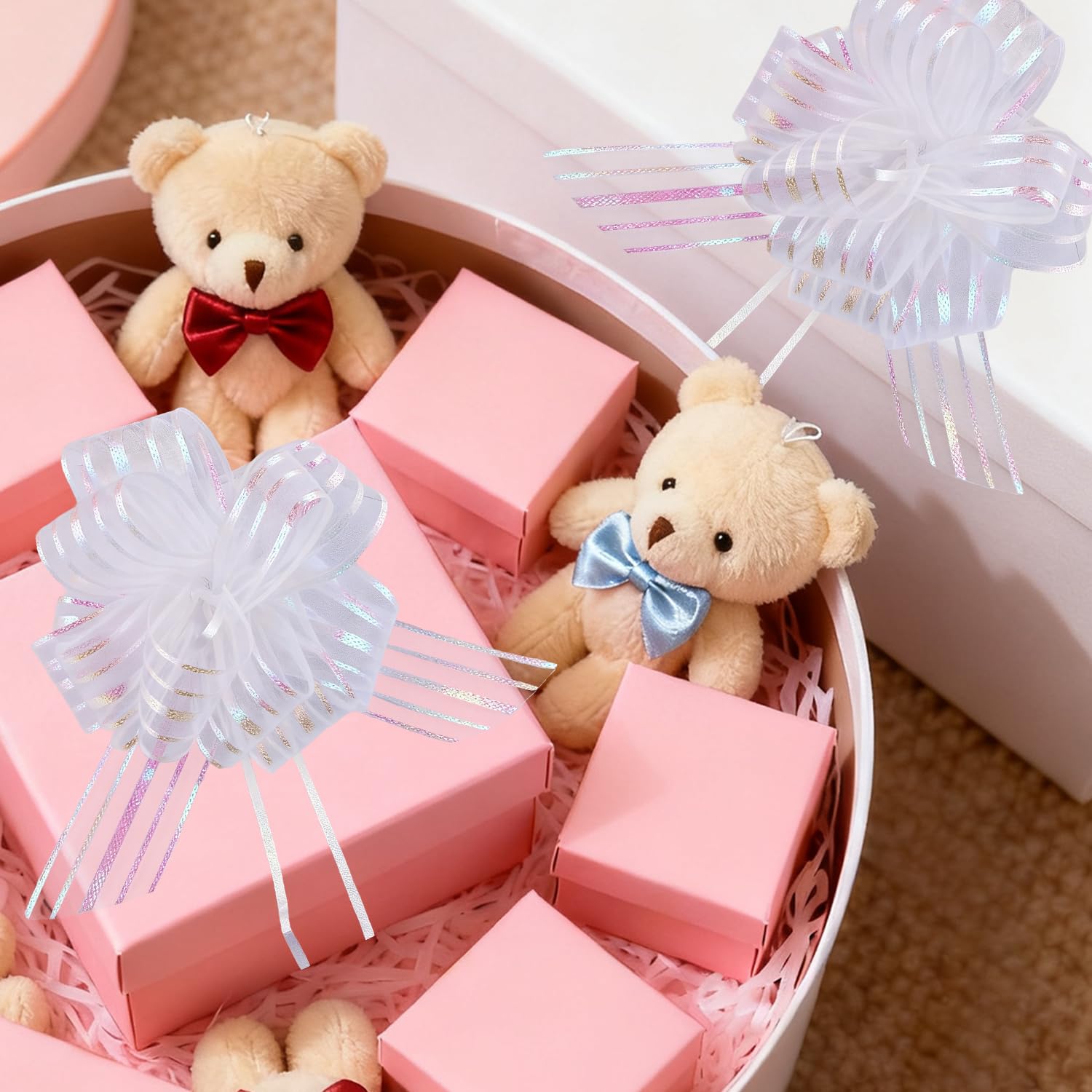 Lazos Grandes de Cinta para Regalo | Lazos Desplegables Blancos de Cinco Hilos - 6 Piezas
