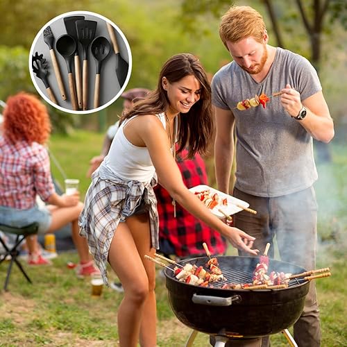 Miniatura 6 de Juego de utensilios de cocina de silicona, 7 piezas de herramientas de cocina para espátula, antiadherente y resistente al calor, color negro