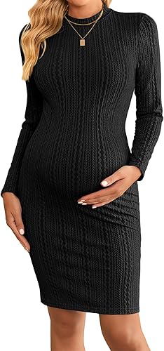 Ekouaer Vestido de maternidad para mujer, de punto acanalado, elástico, ajustado, para embarazada, cuello alto, manga larga, ropa de embarazada