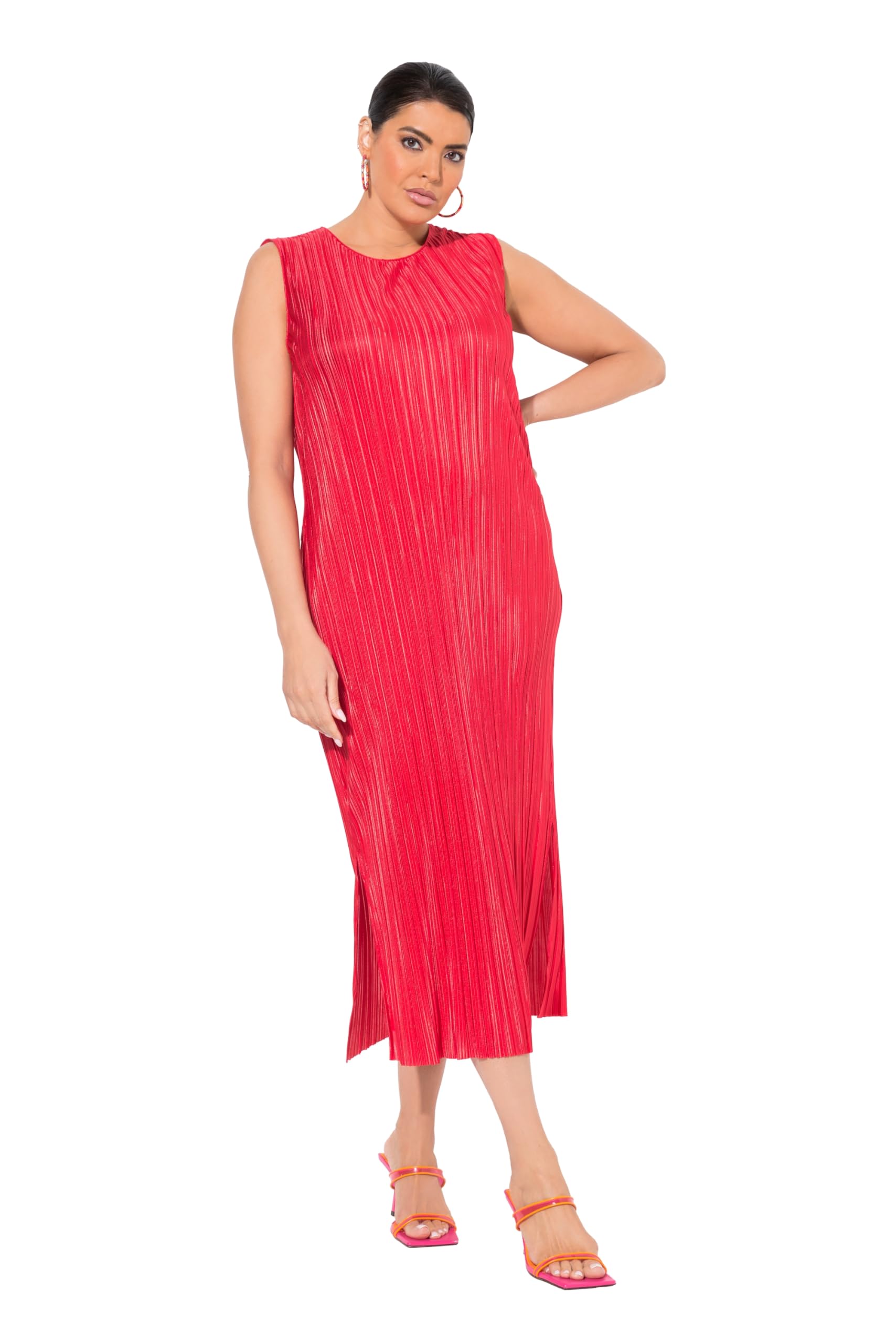 Ulla Popken Damen große Größen Übergrößen Plus Size Plissee-Midikleid, Rundhals, ärmellos 839078
