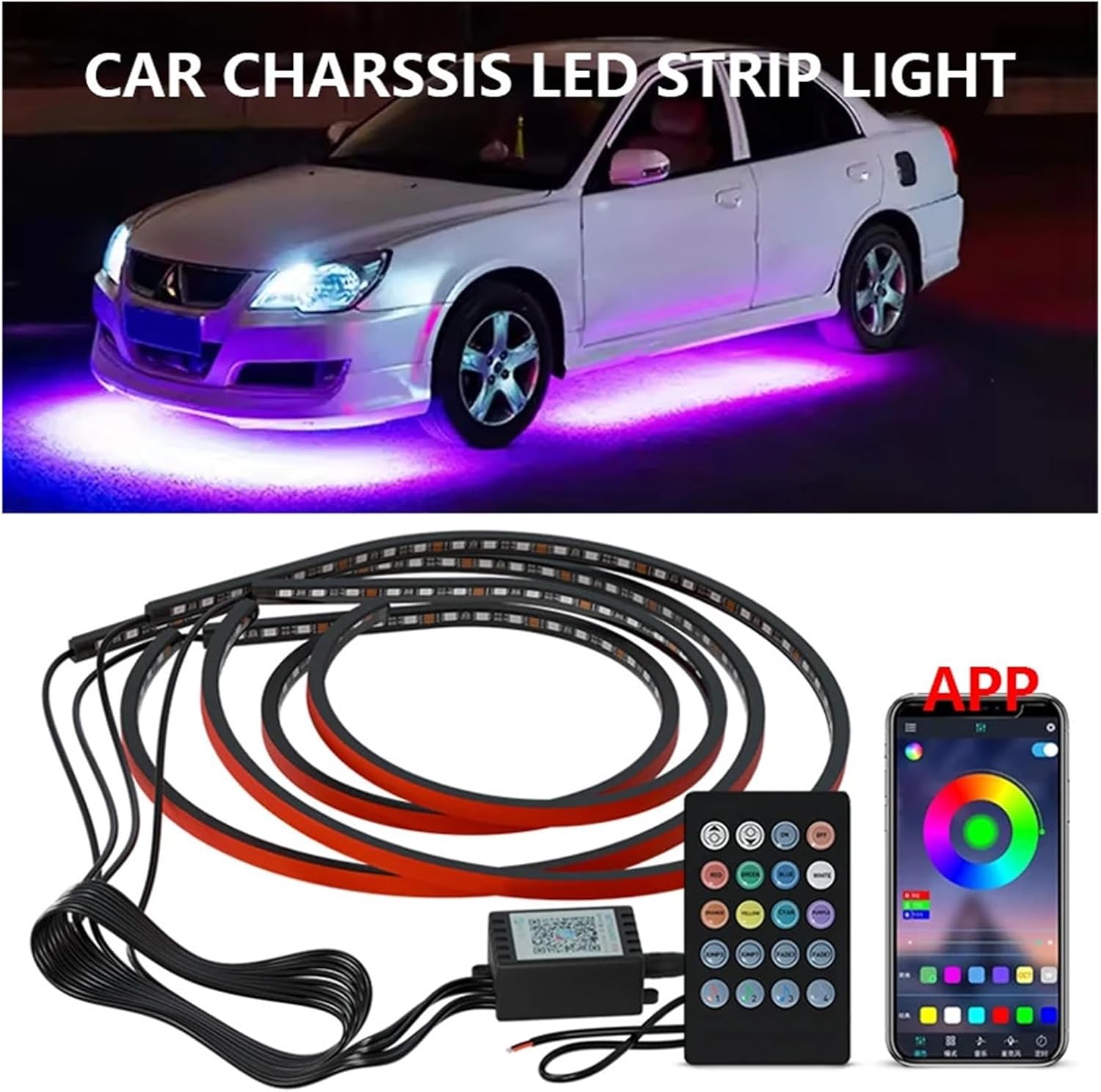 Flexible RGB LED Underglow Strip Lights with APP Remote Control - Universal Car Underbody Chassis Neon Atmosphere Lighting Kit for Cars, Trucks, and SUVs(APP-Remote-90 X 120)