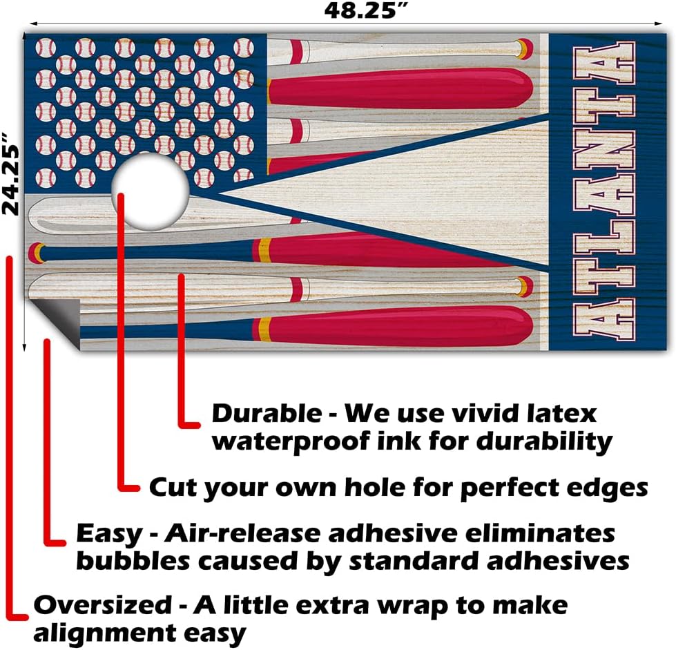 Atlanta Cornhole Board Wraps and Decals for Boards Set of 2 Skins Professional Vinyl Covers Sticker - Baseball Tailgating Cornhole Wraps Stickers Cornhole Skins Cornhole Wraps for Boards
