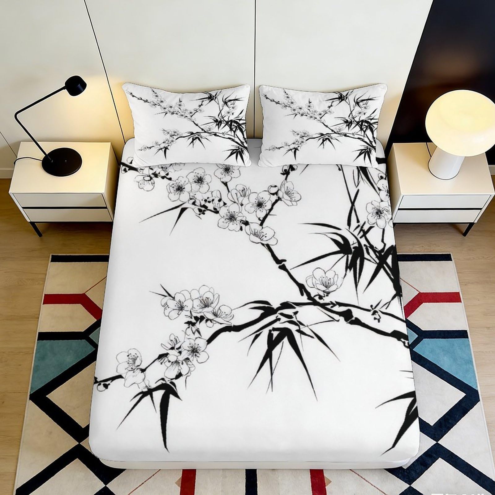 3D Printed Bamboo Blossom Fitted Sheet Microfiber Soft Breathable Ink Brush Mattress Cover for Bedroom Guest Room Decor 90x200x25cm