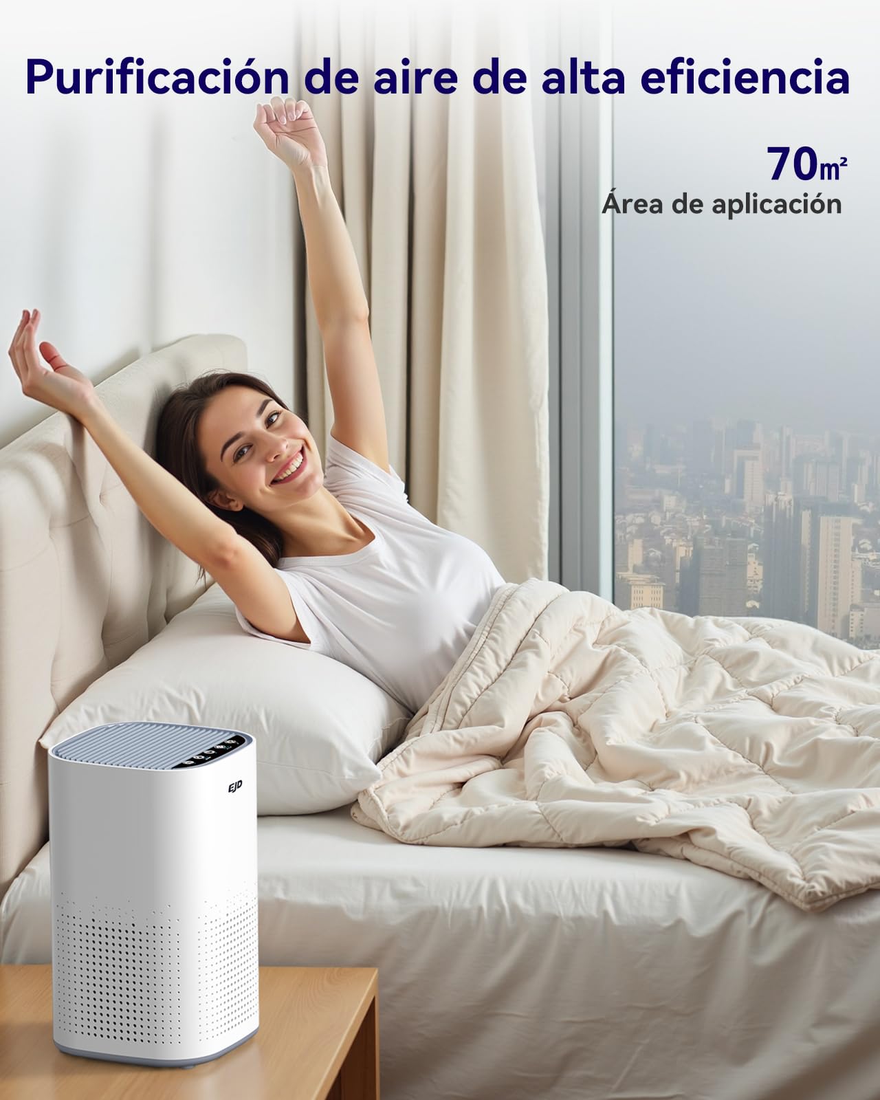 EJD Purificador de Aire con Filtro H13 True HEPA para dormitorio | Silencioso 3 Velocidades. Elimina Polvo, Caspa, Olores y Humo. Ambientador, Ideal para Dormitorio, Hogar y Oficina.