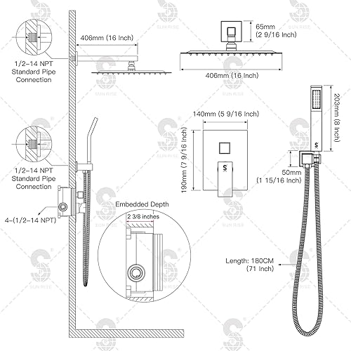 Miniatura 9 de SR SUN RISE Sistema de ducha - Juego de grifo de ducha con cabezal de ducha de lluvia de 8 pulgadas y ducha de mano - Sistema de ducha de lluvia de