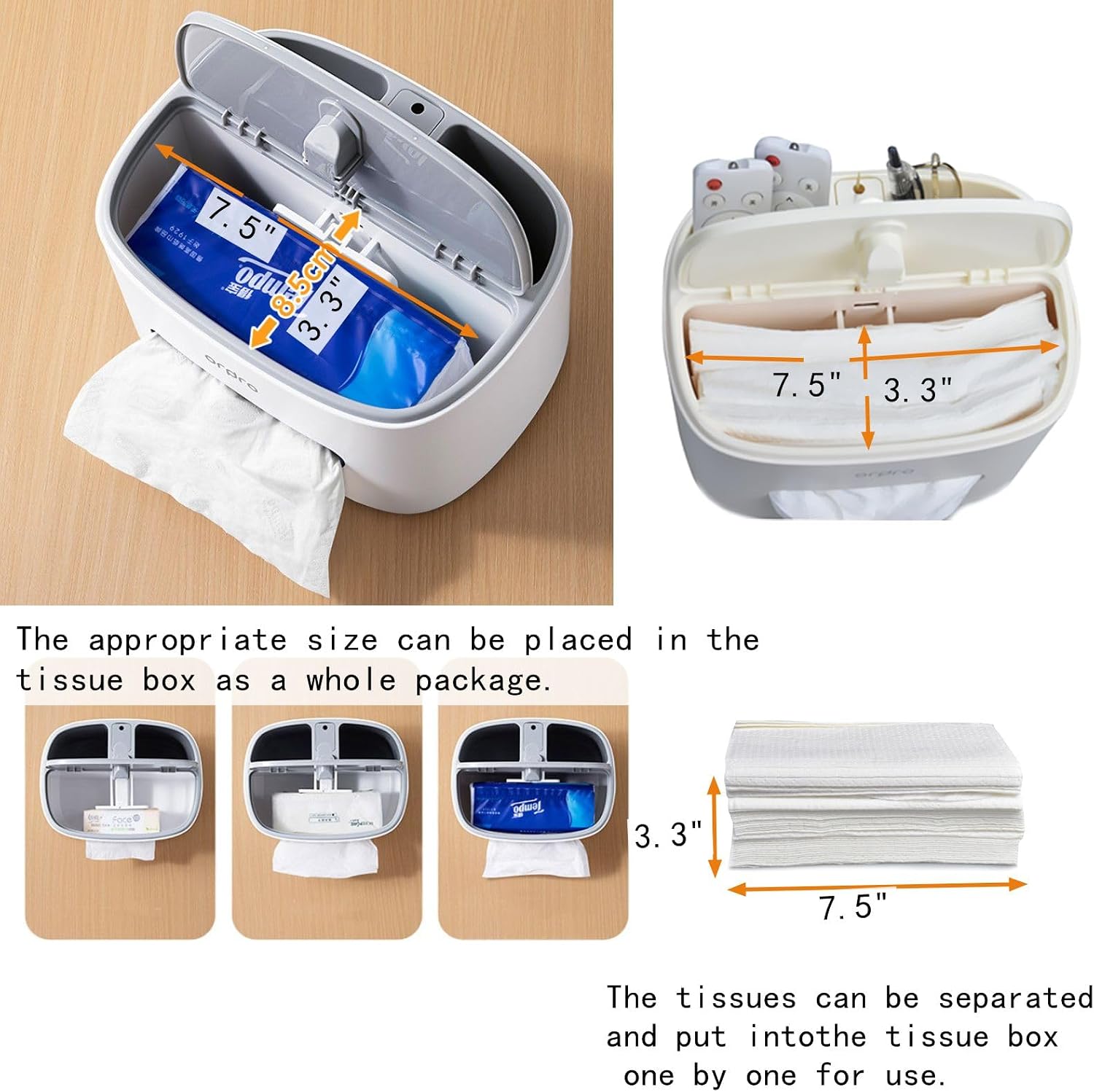 Tissue Box Cover Rectangle with Storage Tray Multifunctional Remote Control Holder Non-Slip Base Desk Organizer Office, Decorative Tissue Holder with Compartments & Toothpick Holder (Cream Colour) image 4