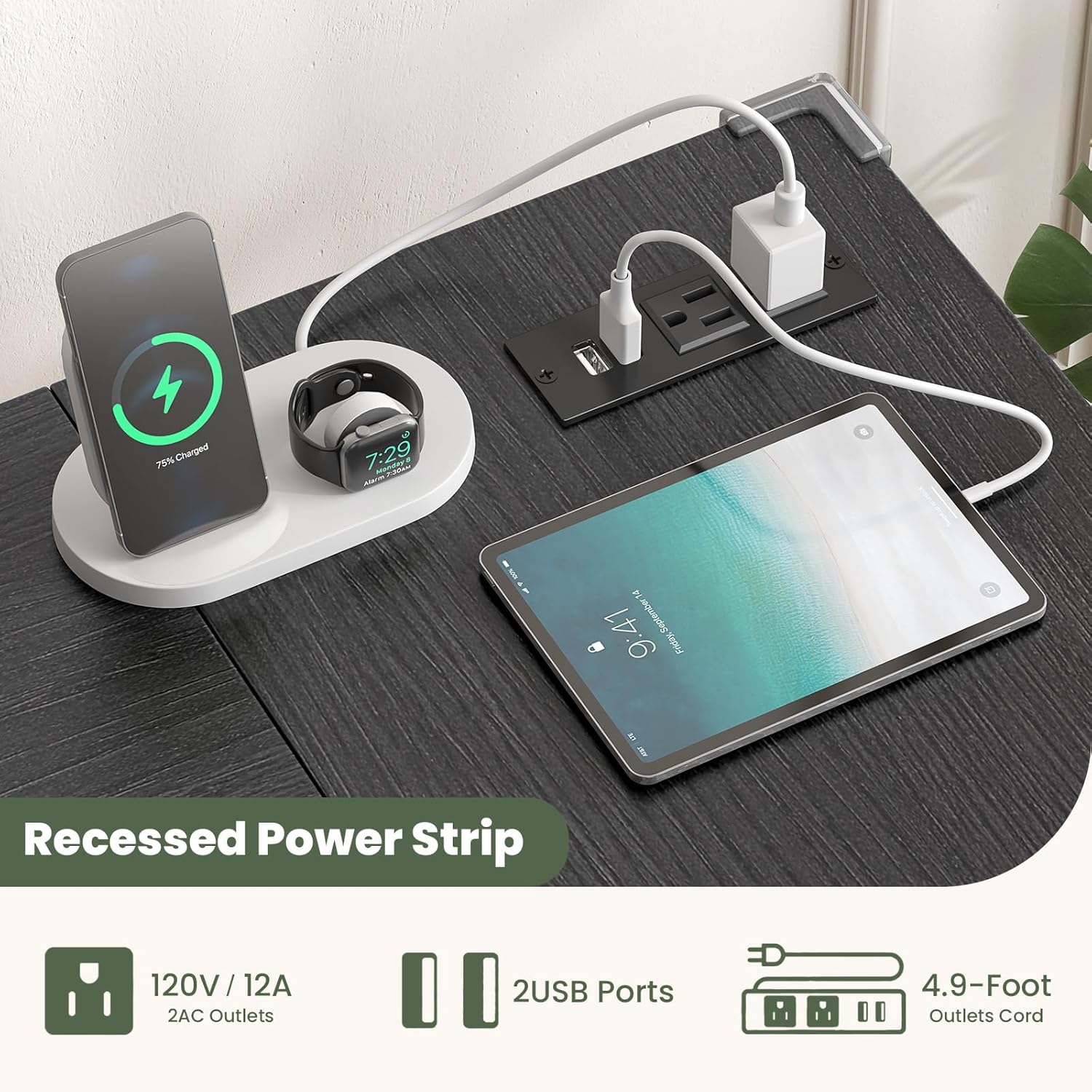 Close-up of recessed power strip with AC outlets and USB ports