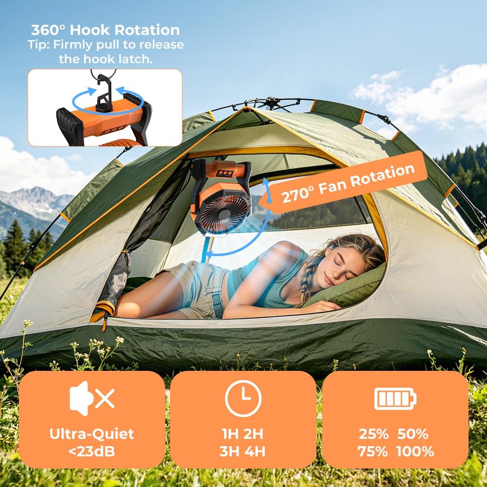 Portable Camping Fan with LED Light, 32Hrs Runtime, Hook & 270° Rotate