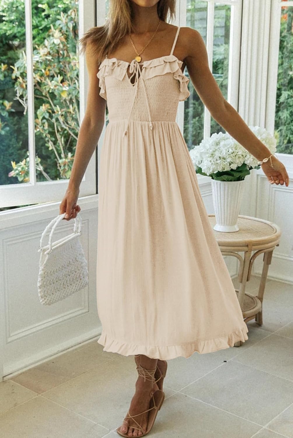 R.Vivimos Womens Summer Cotton Spaghetti Straps V-Neck Ruffle Casual Boho Midi Flowy Dress - Image 5