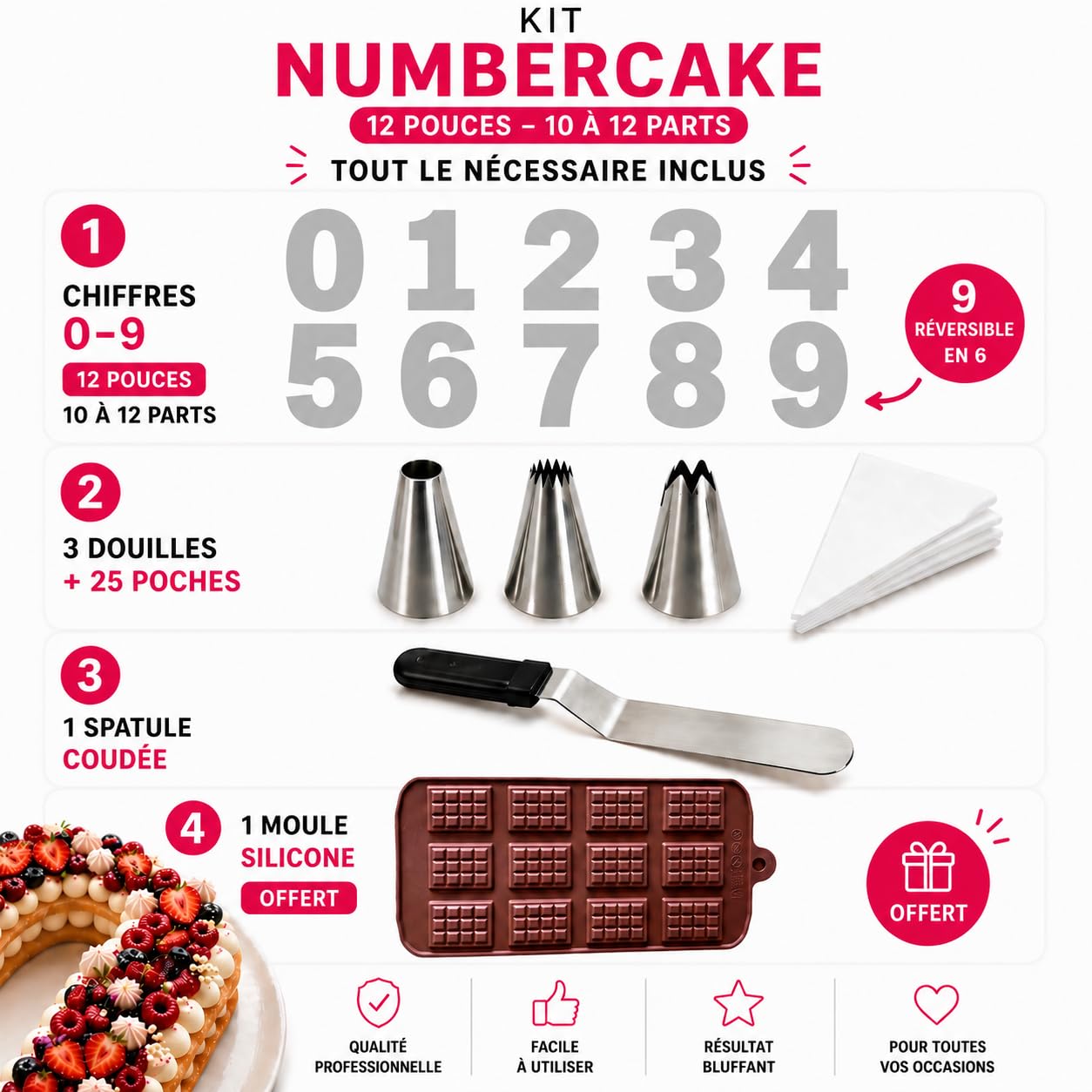 Number Cake Kit Complet 10-12 Parts – Gâteau Chiffre Parfait Dès le Premier Essai| Chiffres 0-9 + Douilles + Poches + Spatule + Moule Chocolat Offert