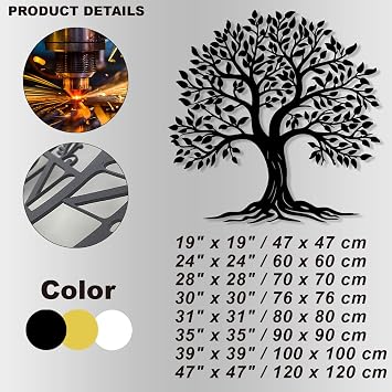 Flewfar Metal Tree of Life Wall Art, Outdoor Indoor Family Tree Metal Wall Decor, Large Tree of Life Wall Art Living Room Decorations (Black, 24 x 24 / 60 x 60cm)