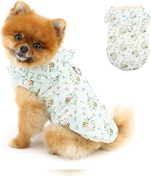 PAIDEFUL Floral Fleece Lined Dog Coat for Small Dogs, Soft Quilted Winter Jacket with Ruffle Collar, Windproof Padded Warm Pet Outfit with Leash Ring for Chihuahua Yorkie and Cats,Green,S