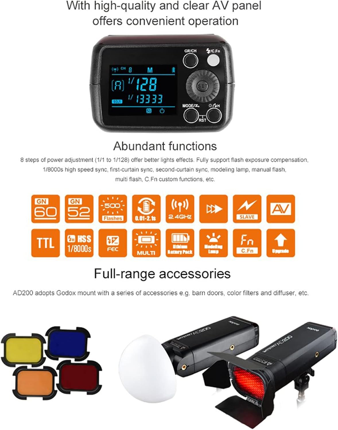 Godox AD200 Strobe Flash Monolight, 200Ws Pocket Flash Light, 2.4G TTL 1/8000 HSS Speedlite with 2900mAh Li-ion Battery, Bare Bulb Flash Head to Provide 500 Full Power Flashes, Recycle in 0.01-2.1s