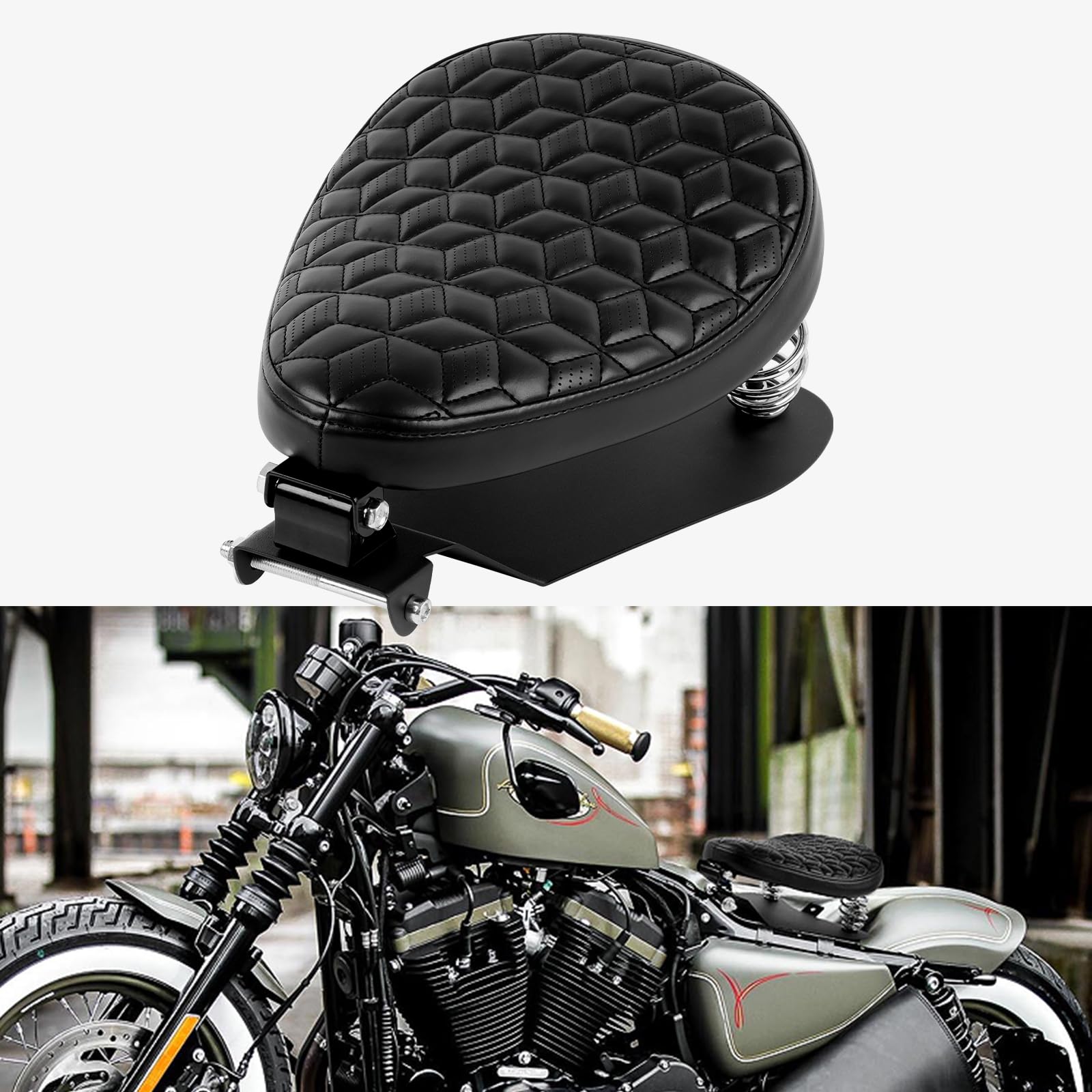 DREAMIZER Motorcycle Seat Cushion Driver Solo Seats with Spring Bracket PU Leather Compatible with Harley Honda Yamaha Kawasaki Sportster Iron 883 1200 Chopper Bobber Cafe Racer-Rhombic Breathable