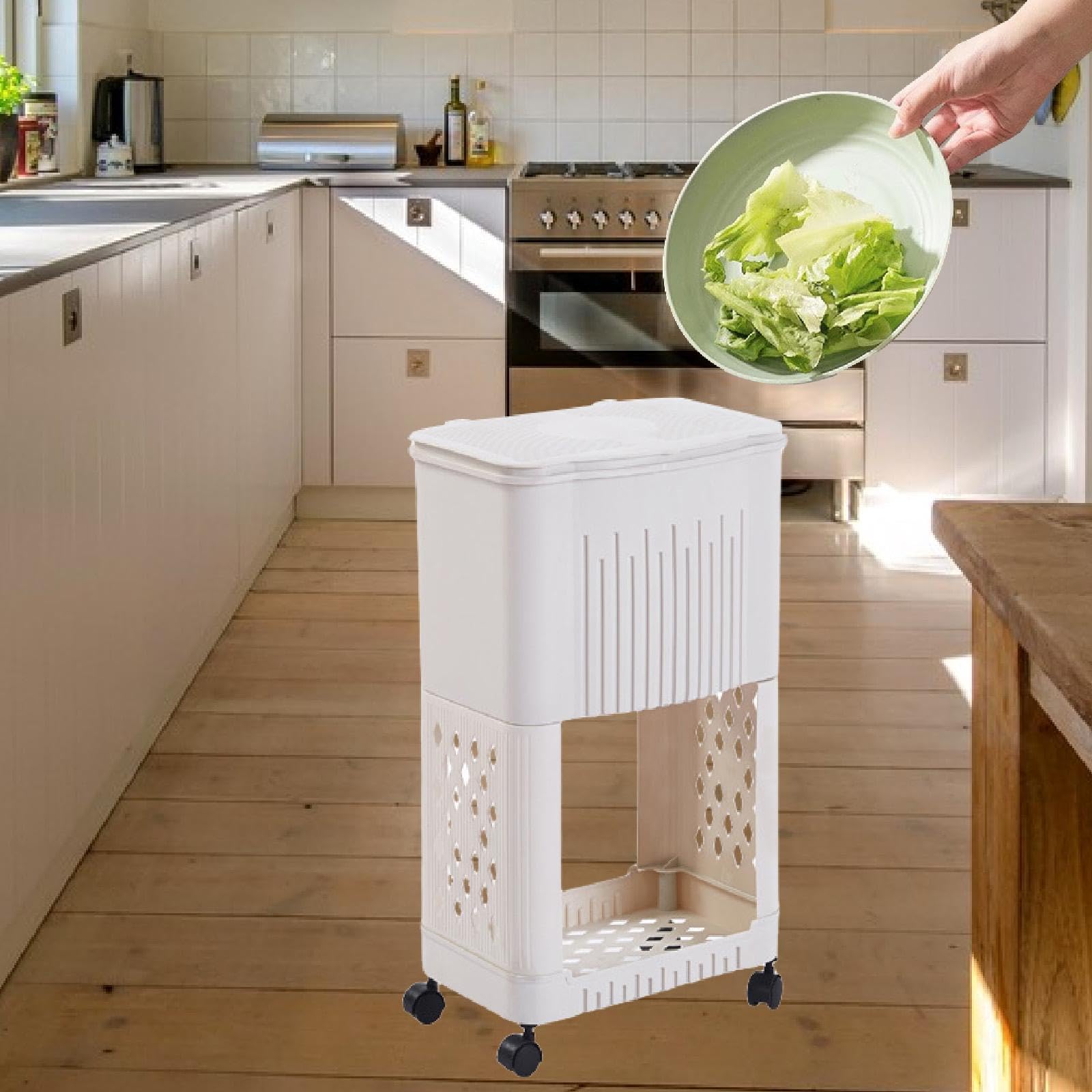 Cestino per La Spazzatura da Cucina, Cestino Stretto con Ripiano Portaoggetti, Contenitore per La Spazzatura Salvaspazio, Decorazione con Coperchio PE, 2 Livelli 29 Cm X 18 Cm X 48 Cm