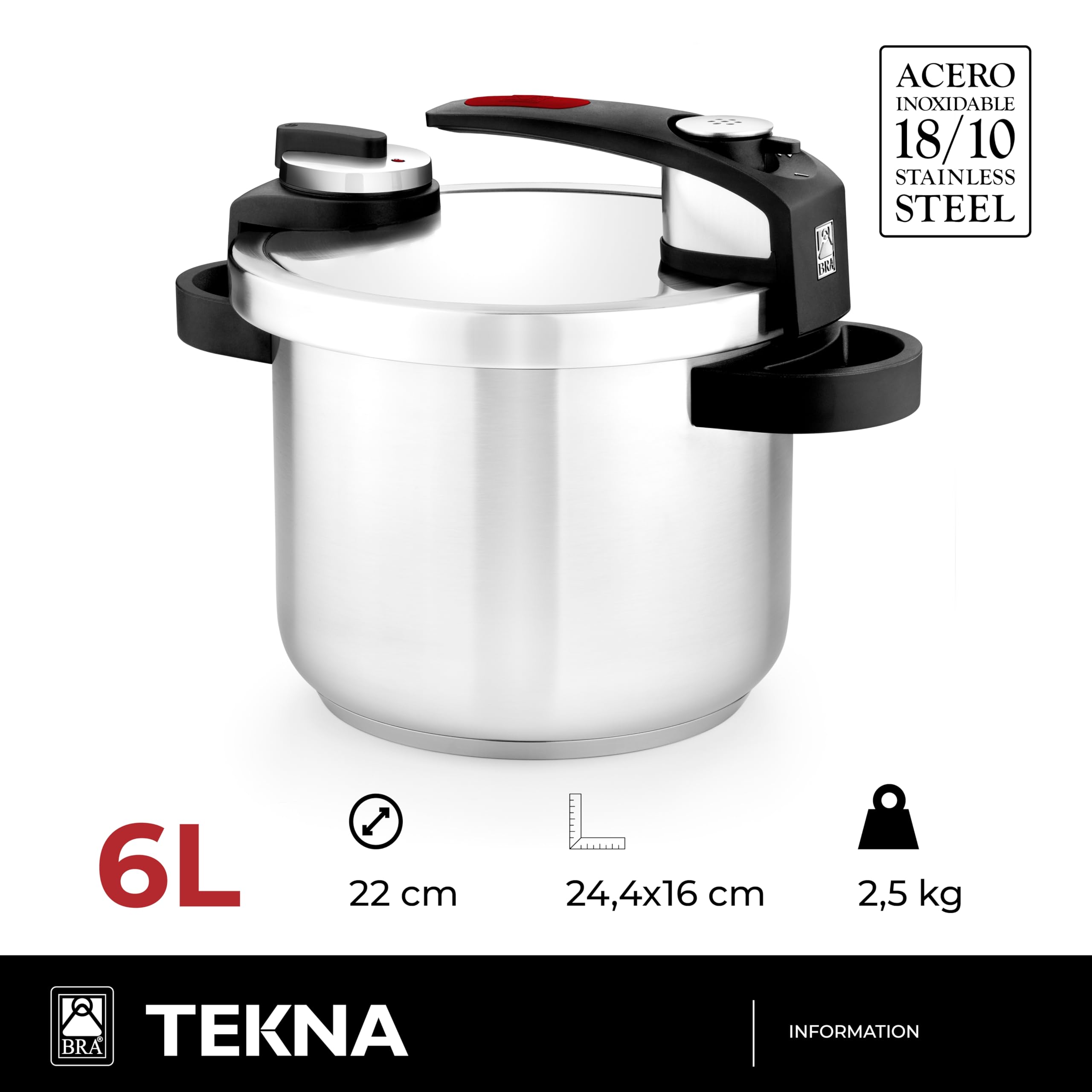 BRA Tekna | Olla a Presión Rápida de Fácil Apertura de 6 Litros, Fabricada en Acero Inoxidable 18/10, Con 2 Programas de Cocción y Sistema de Bloqueo de Apertura, Apta para Todo Tipo de Cocinas