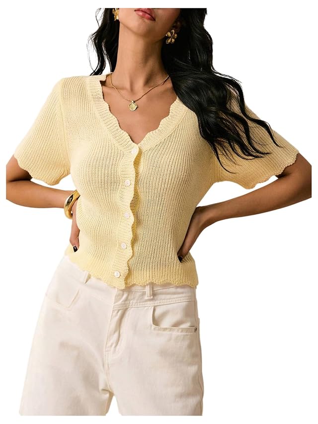 GORGLITTER Womens Short Sleeve Button Up Cardigan V Neck Scallop Trim Knitted Sweater