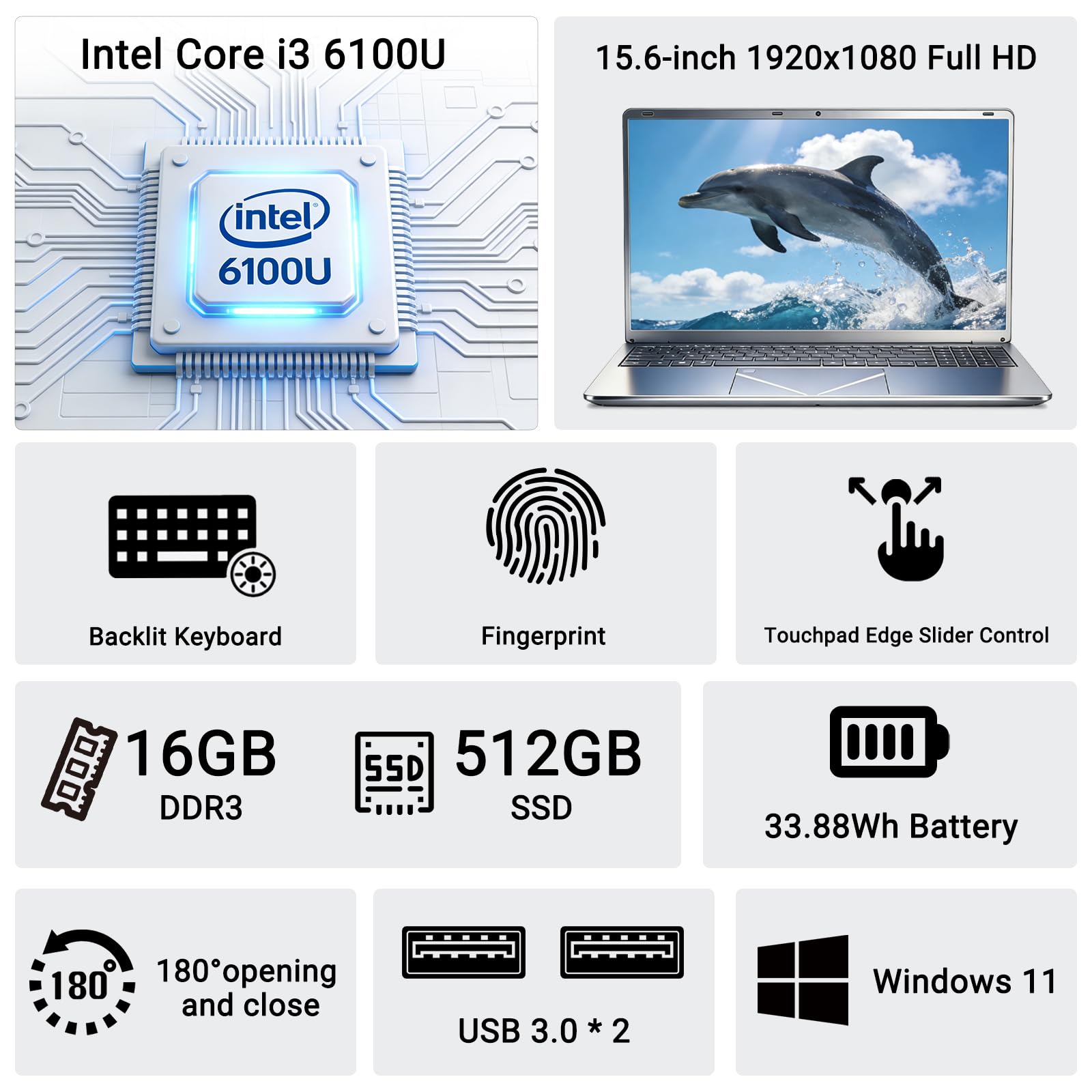 Computer portatile Core i3 da 15,6 pollici, computer aziendale con Windows 11, 16 GB RAM, 512 GB SSD, doppia USB 3.0, tastiera con lettore di impronte digitali/retroilluminata