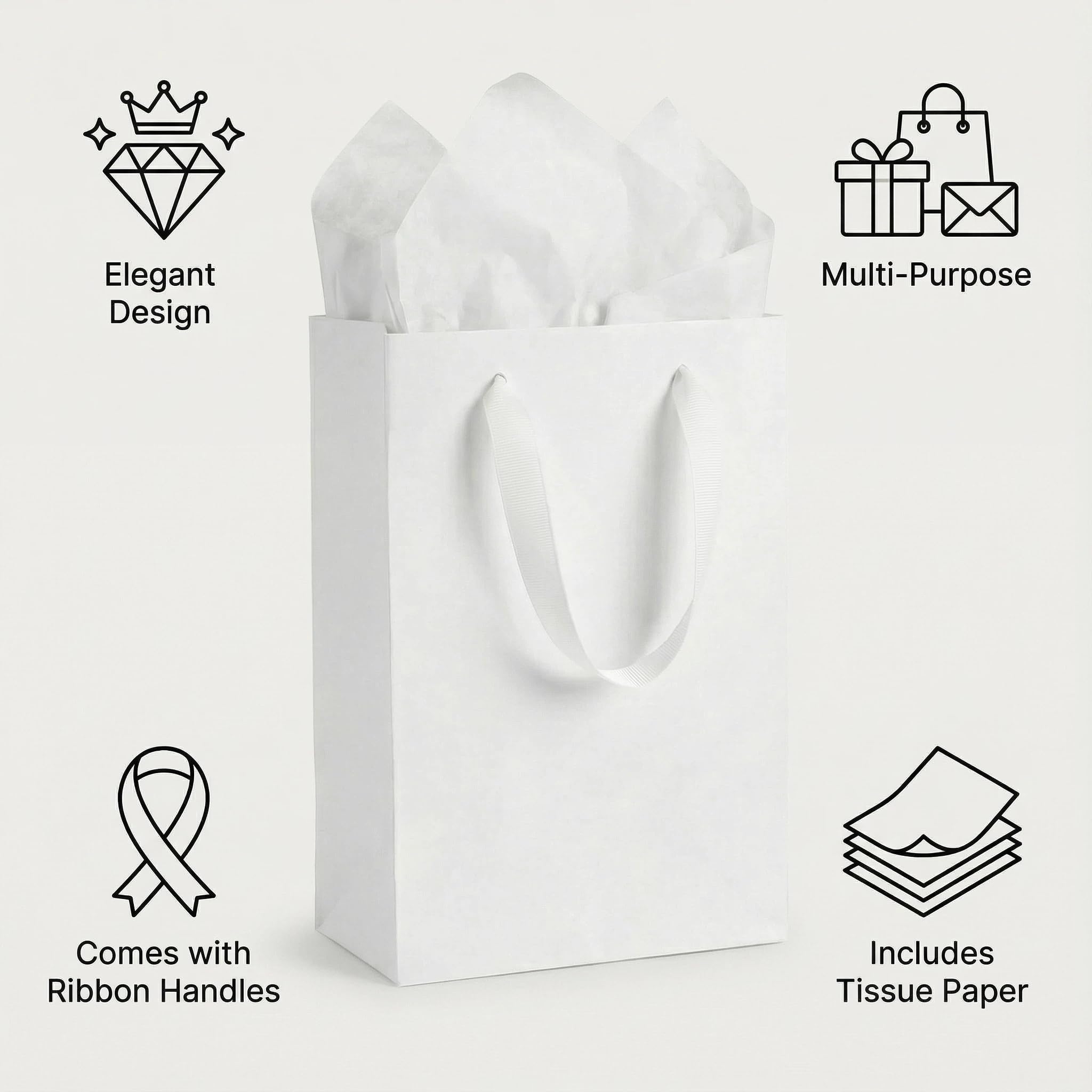 JUNESHE 4 Sets Small White Gift Bags, 8 inch Tiny Little Paper Bag Matching Card Envelope Sticker Black Tissue Paper for Birthday Party Favors Baby Bridal Shower Shopping Presents Wedding Welcome