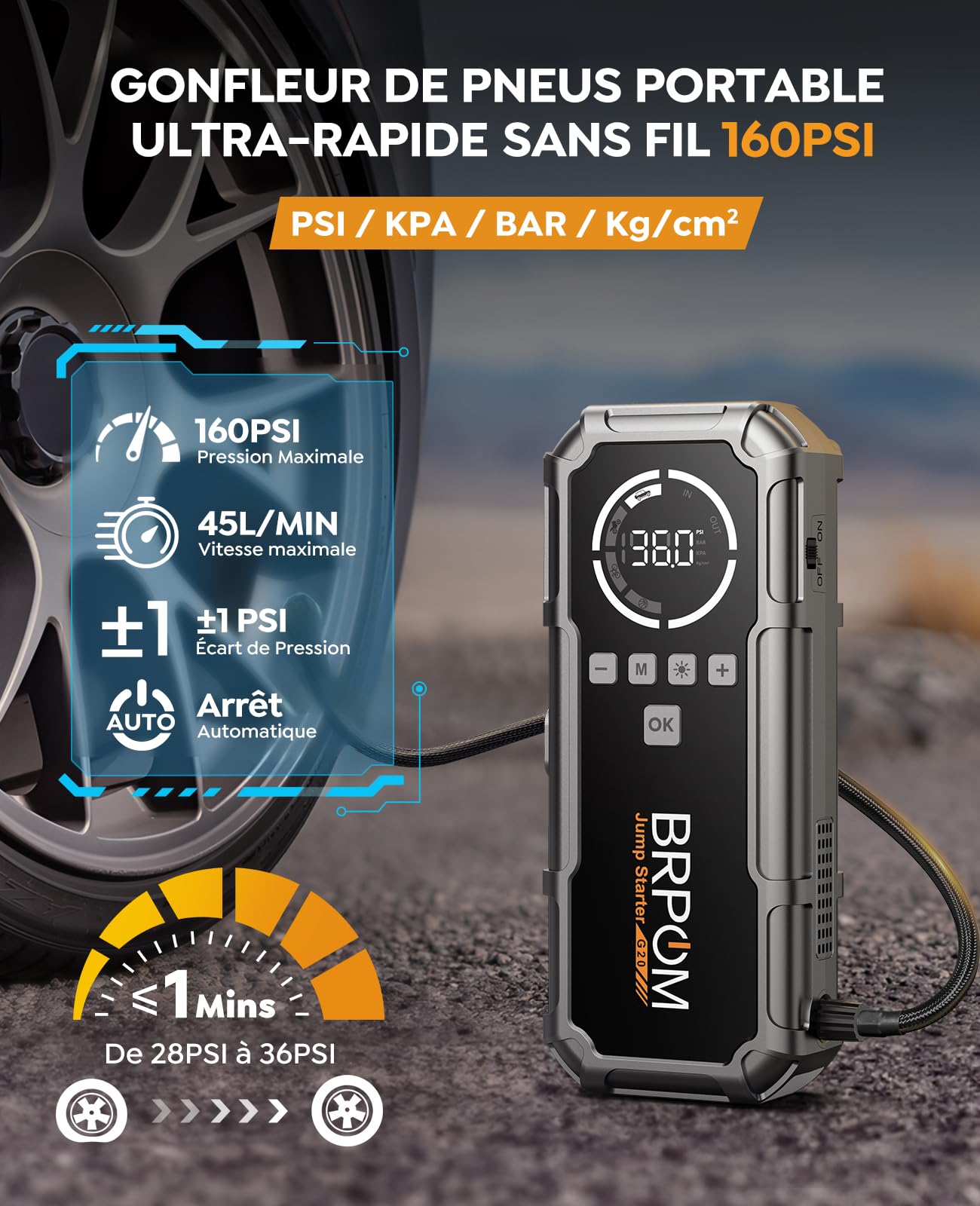 BRPOM Booster Batterie avec Compresseur, 8000A Démarreur Batterie Voiture, 160PSI Gonfleur de Pneus, 12V Jump Starter, Tout Gaz ou 10L Diesel, Écran LCD, Eclairage de Secours, Banque d'alimentation