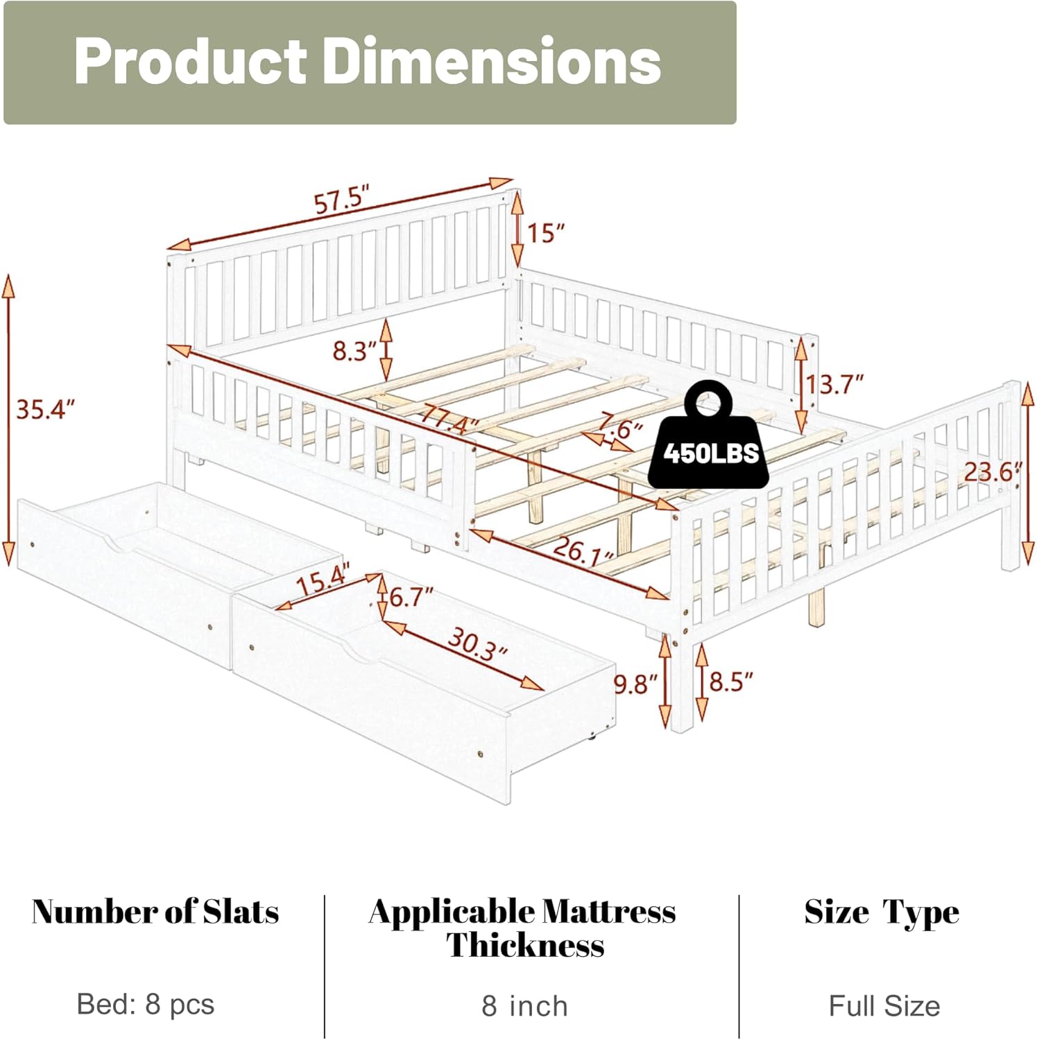 Full Bed Frame for Kids, Wood Full Size Bed with Storage Drawers, Guardrails on Both Sides, White