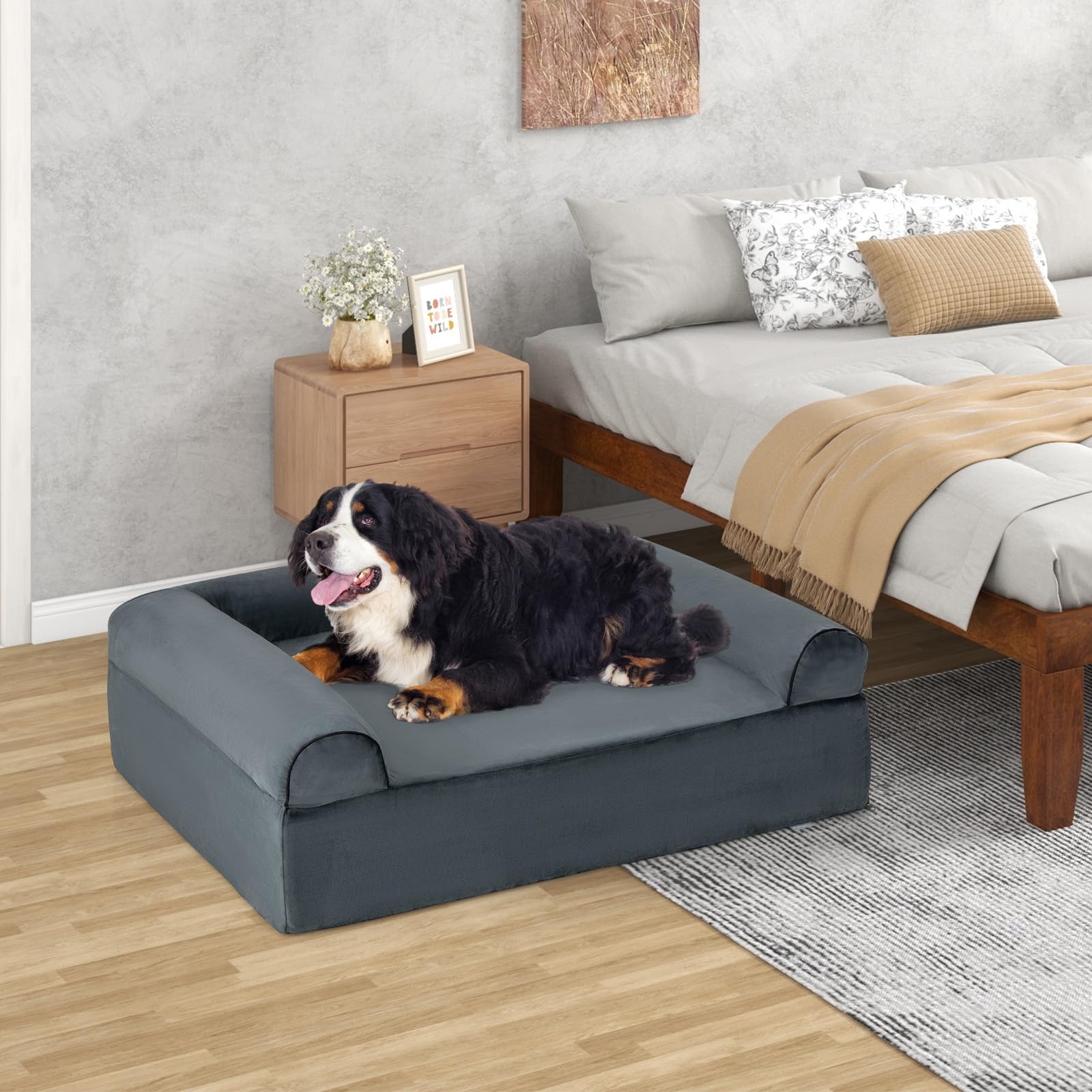 GOPLUS Cama Ortopédica para Perros Grandes, Cama de Espuma Viscoelástica con Reposacabezas Extraíbles, Funda Desmontable Lavable, Sofá de Gel Refrescante con Base Antideslizante para Mascotas, Gris