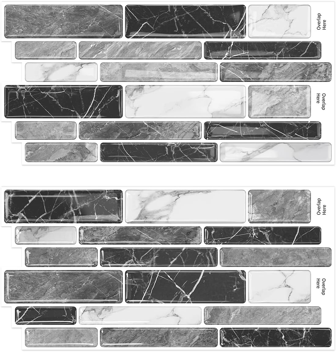 Alwayspon 9.69x4.72inchx24Pcs Marble Subway 3D Self Adhesive Wall Tile Sticker, Peel and Stick Adhesive Waterproof Backsplash Stick on Tile Decal for Kitchen Bathroom Wall, White Grey Black