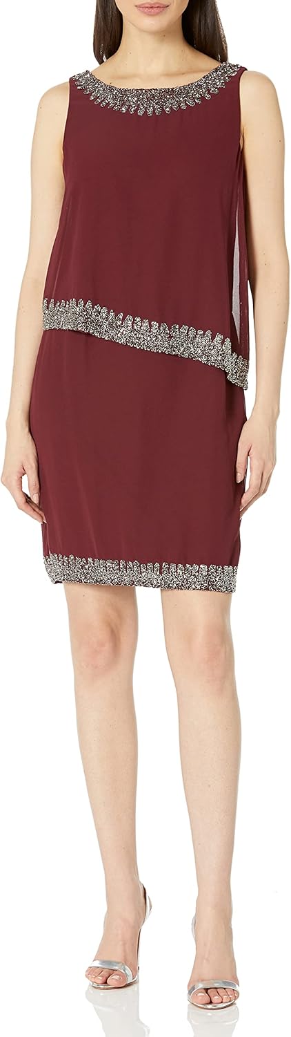 J Kara Women's Boat Neck Asymmetrical Bodice Edge Beaded Short Cocktail Dress