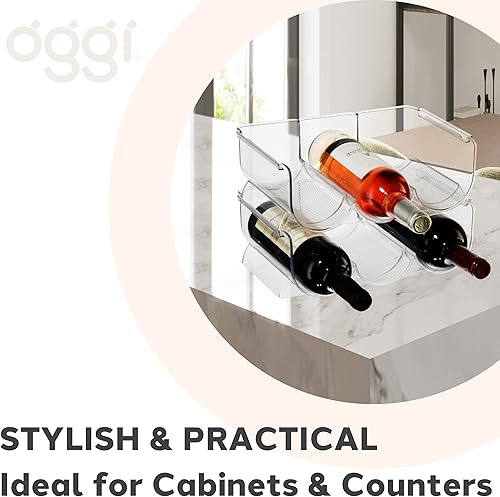 Vista 4 de Oggi Estante para botellas de vino, almacenamiento de 6 botellas de vino, estante apilable para vino, pestañas seguras para apilar. Almacenamiento