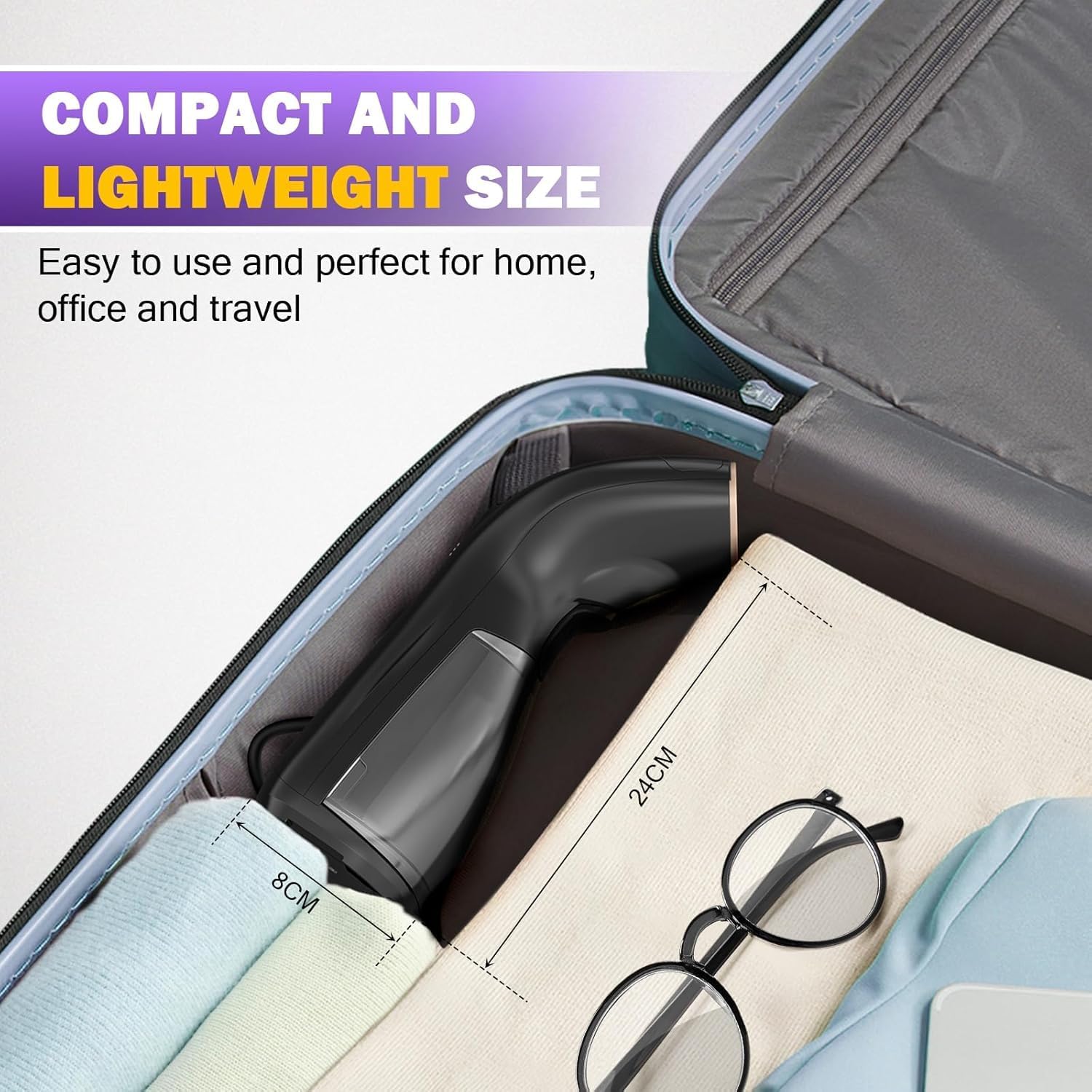 Rolipo steamer packed in a suitcase for travel