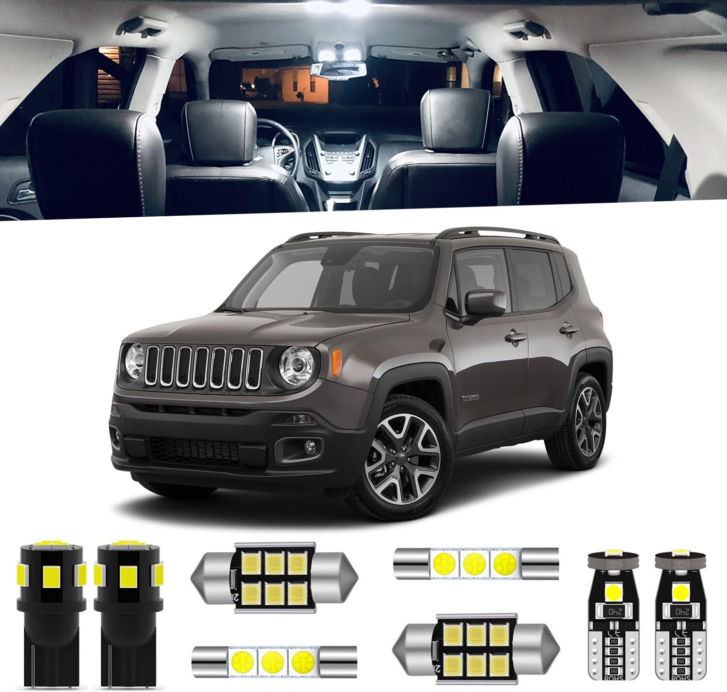 9-Pieces Renegade LED Interior Light Kit for Jeep Renegade 2015 2016 2017 2018 2019 2020 2021 2022 2023 White 6000K Interior Map Dome Trunk Vanity Mirror LED Lighting Package + Install Tool