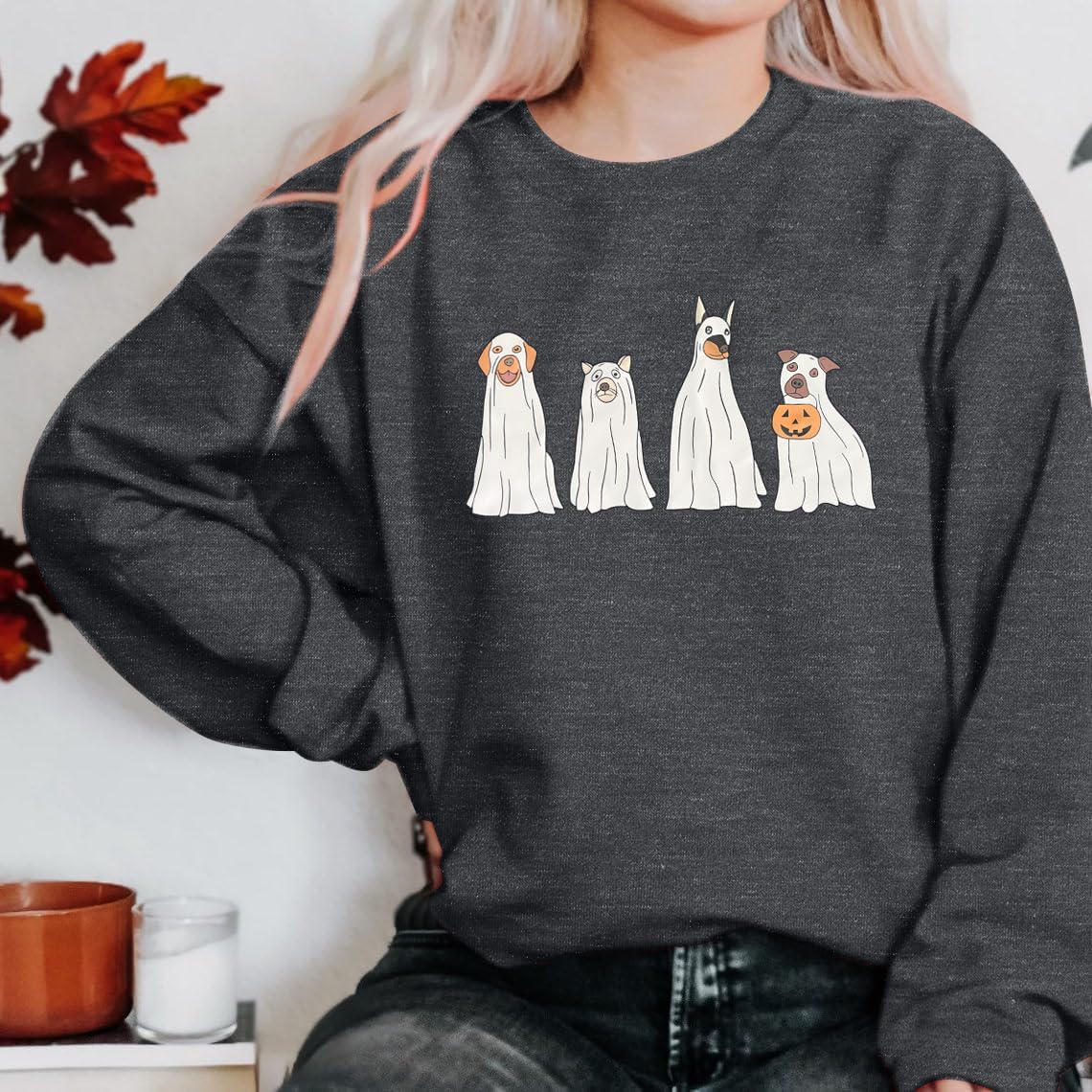 AIIWEIS Halloween Ghost Dog Sweatshirt Women Funny Spooky Season Long Sleeve Shirt Crewneck Halloween Pullover Top