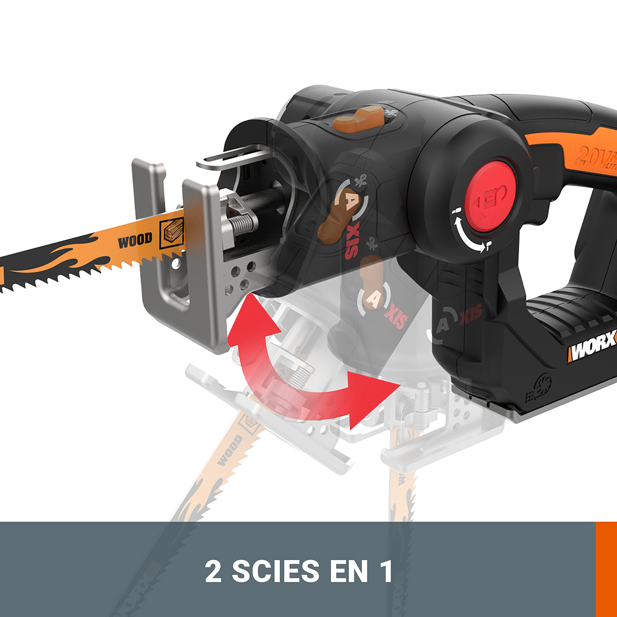 WORX Scie Sauteuse et Scie Sabre sans Fil 20V WX550.9, Course de 20 mm, Jusqu'à 127 mm, Multifonction, Découpe Bois, Aluminium, Acier, PVC, Fonction pendulaire, Sans Batterie ni Chargeur