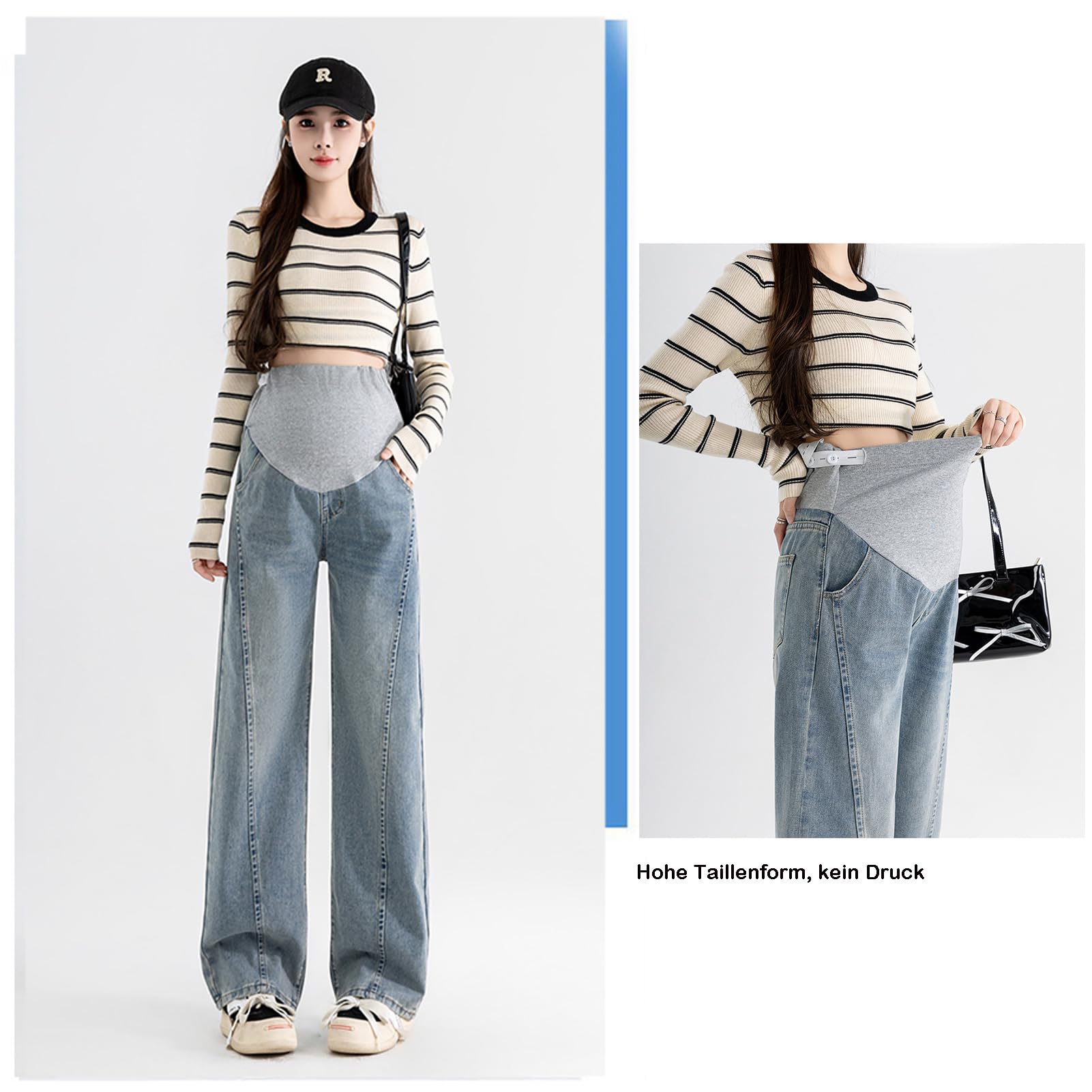 Jean pour femme enceinte avant et après l'accouchement : coupe large étroite, coupe ample, denim doux avec bande de réglage - pour les femmes de moins de 170 cm, avec poches pratiques