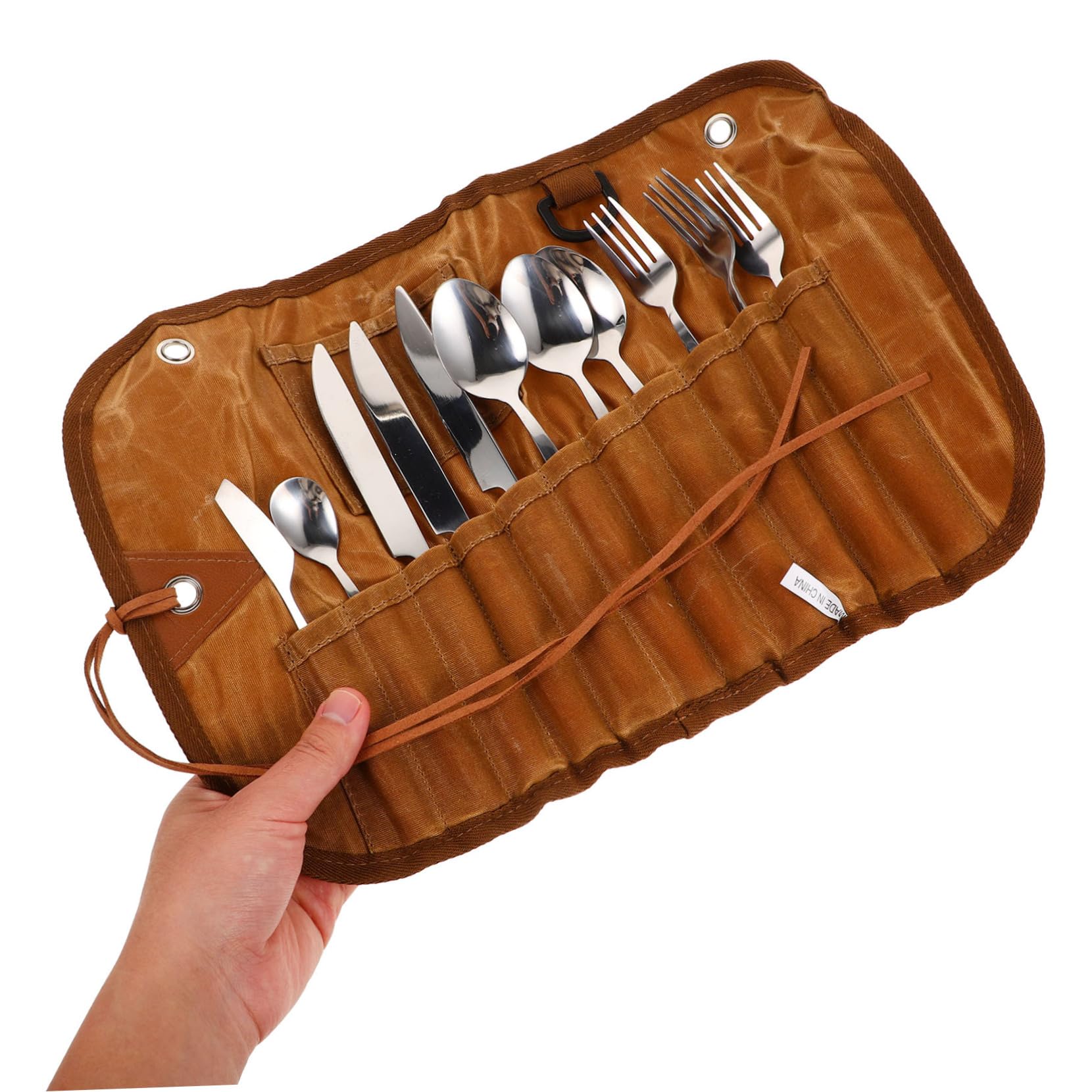 Set di Posate da Viaggio in Acciaio Inox, Marrone | Borsa Contenitore, Include Cucchiai e Forchette, per Picnic All’aperto e Spostamenti