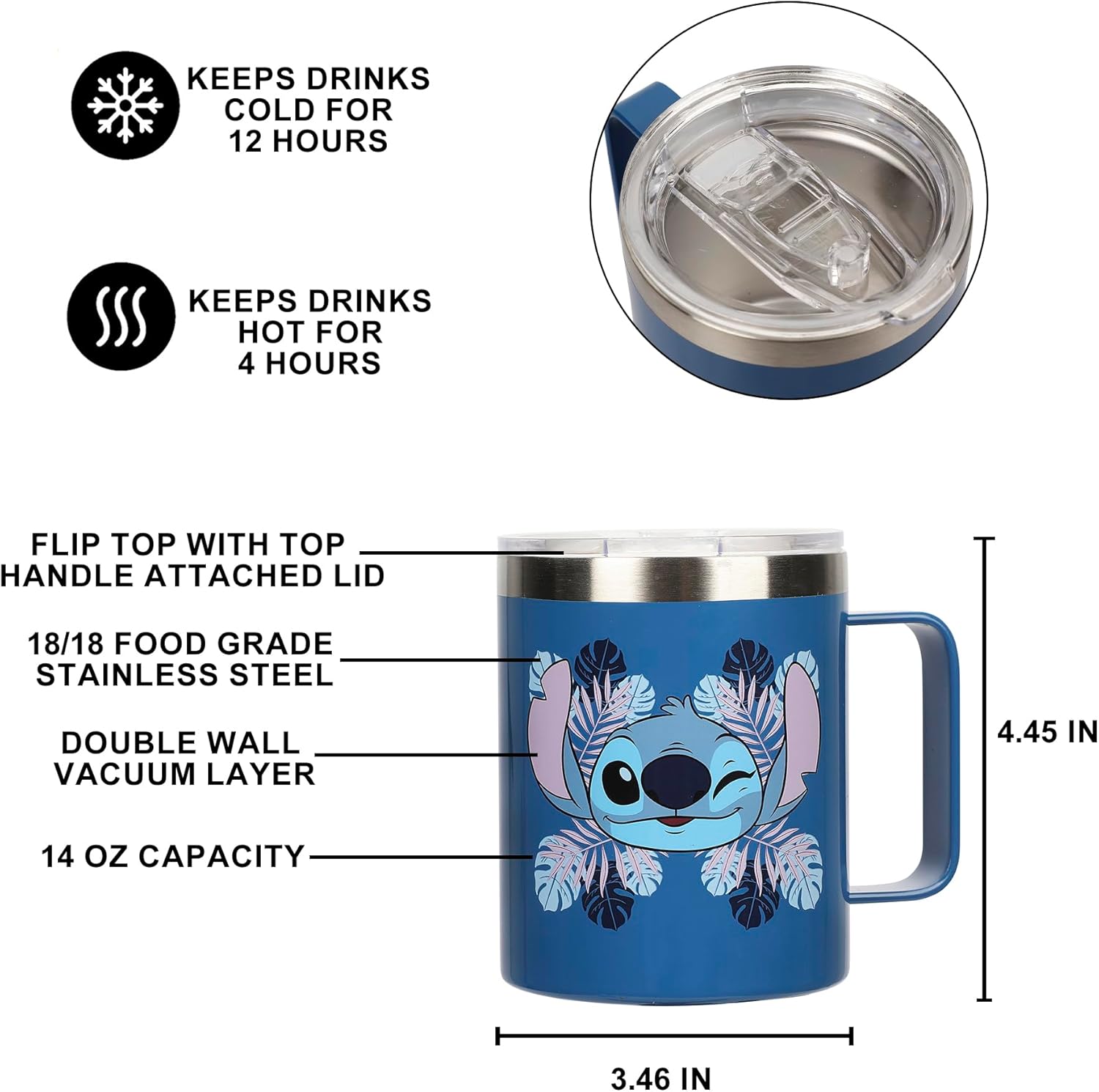 Bioworld Stitch Face and Leaves 14oz Vacuum Sealed Stainless Steel Coffee Mug - Image 2