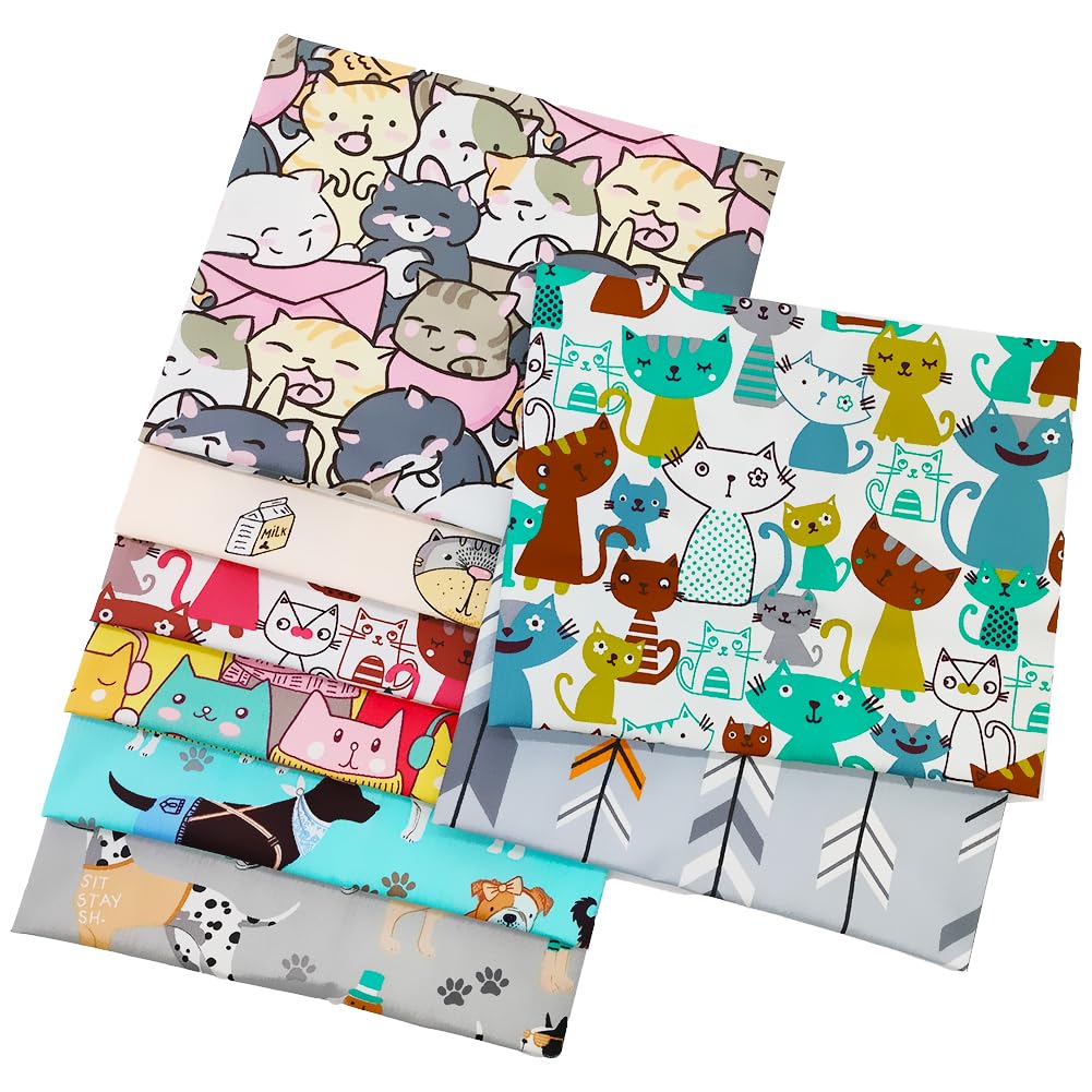 Tela de 8 piezas por lote de tela de retales 100% algodón, 50 cm x 50 cm, tela de algodón precortada para patchwork, costura acolchada, diseño de perro gato