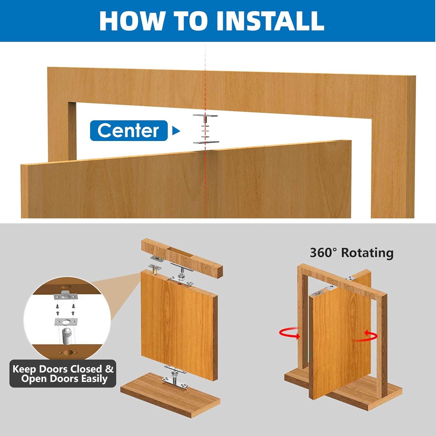 Heavy Duty Hidden Pivot Hinges 300LB Stainless Steel for Murphy Door Bookshelf Secret Room Invisible Door Hardware Kit (Center Mount,1 Set)