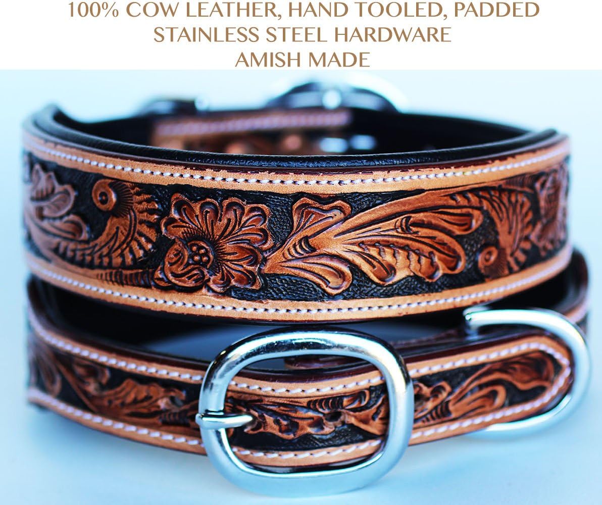 Large 21''- 25'' Hand Tooled Dog Puppy Collar Cow Leather Challenger Made USA 6022