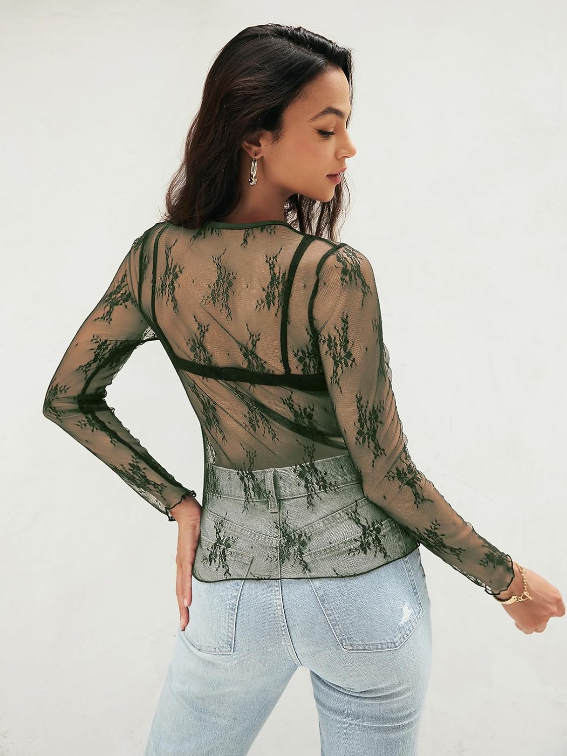 MEROKEETY Womens 2026 Long Sleeve Lace Sheer Mesh Tops Undershirt Sexy See Through Going Out Crewneck Blouse Shirts - Image 3