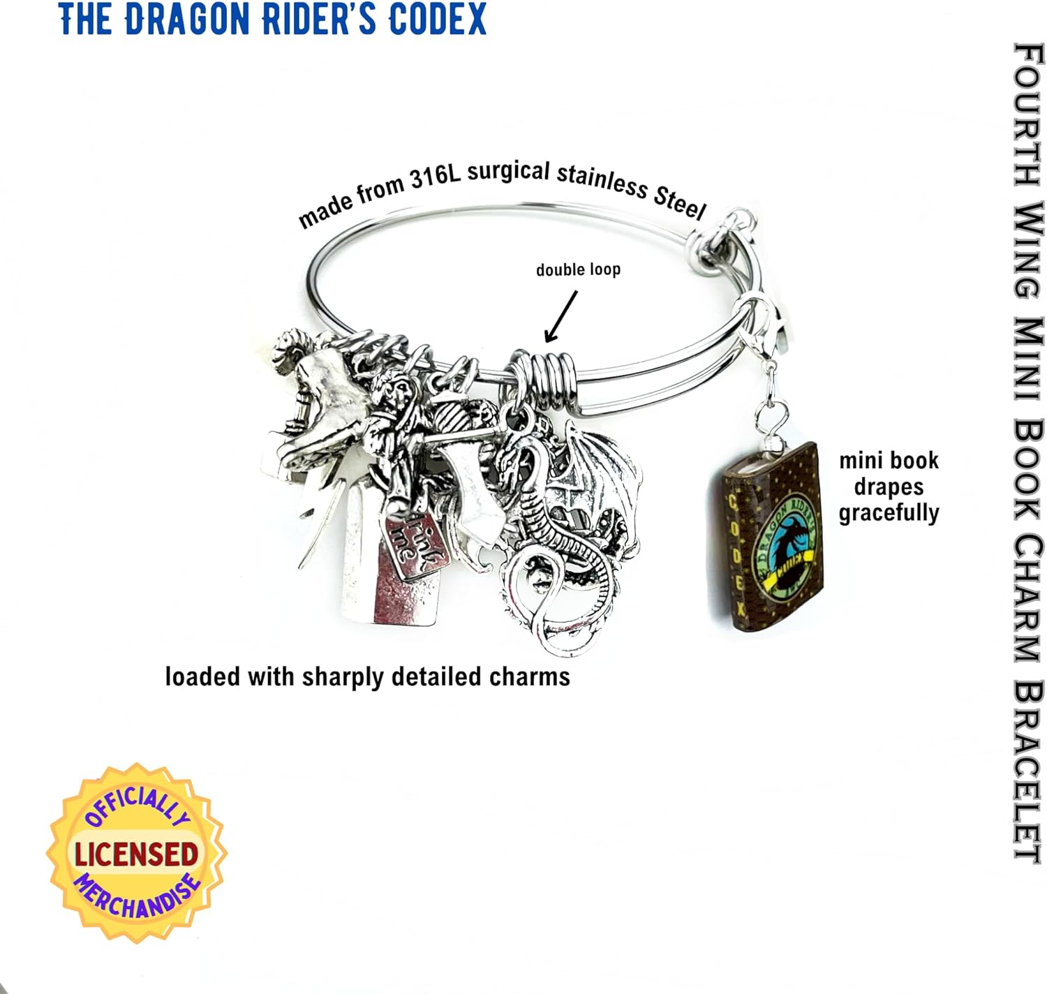 FOURTH WING Rebecca Yarros Charm Bracelet Bangle UPICK Book Bead Violet Sorrengail Library Licensed Merch