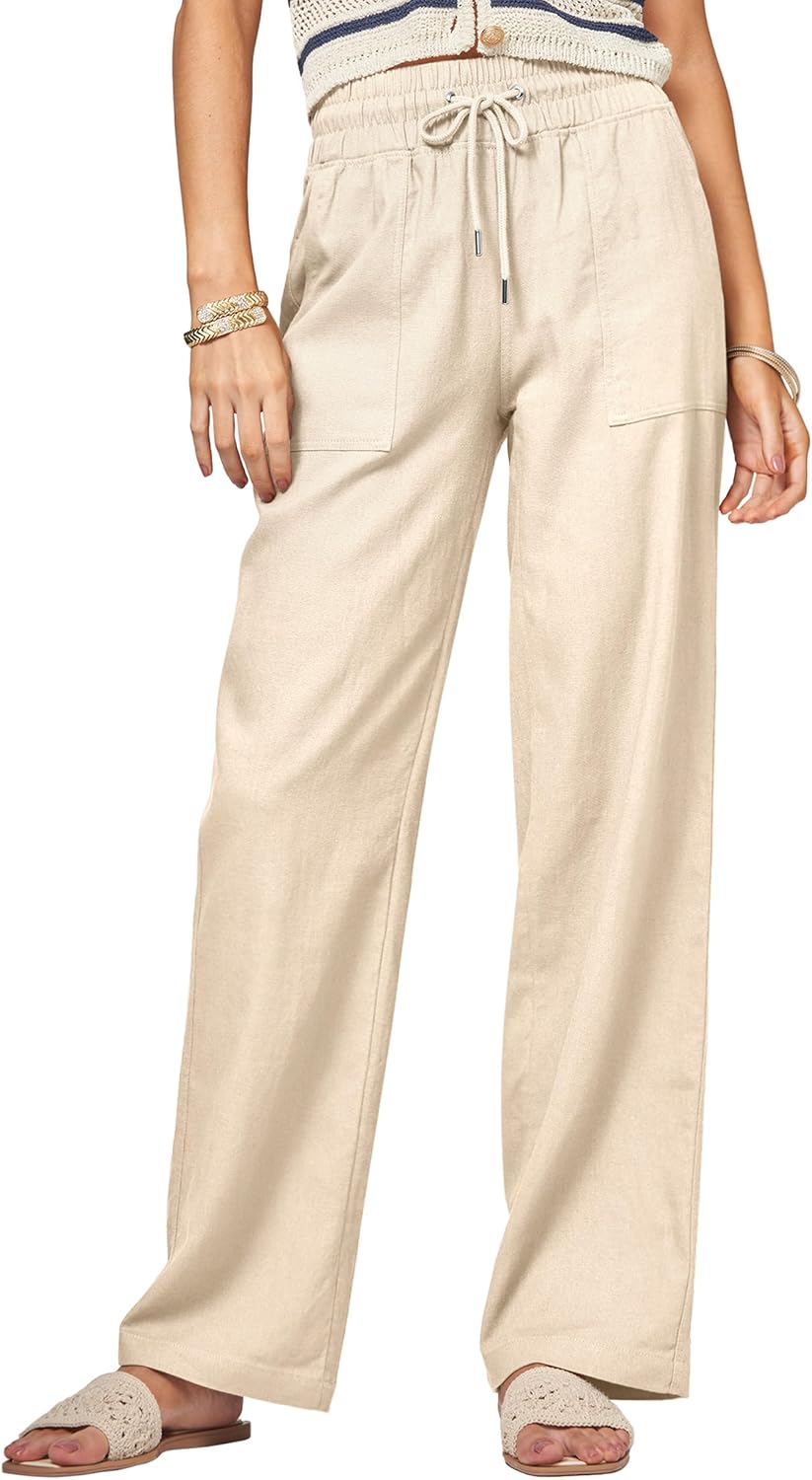 Women linen wide-leg pants with pockets, drawstring