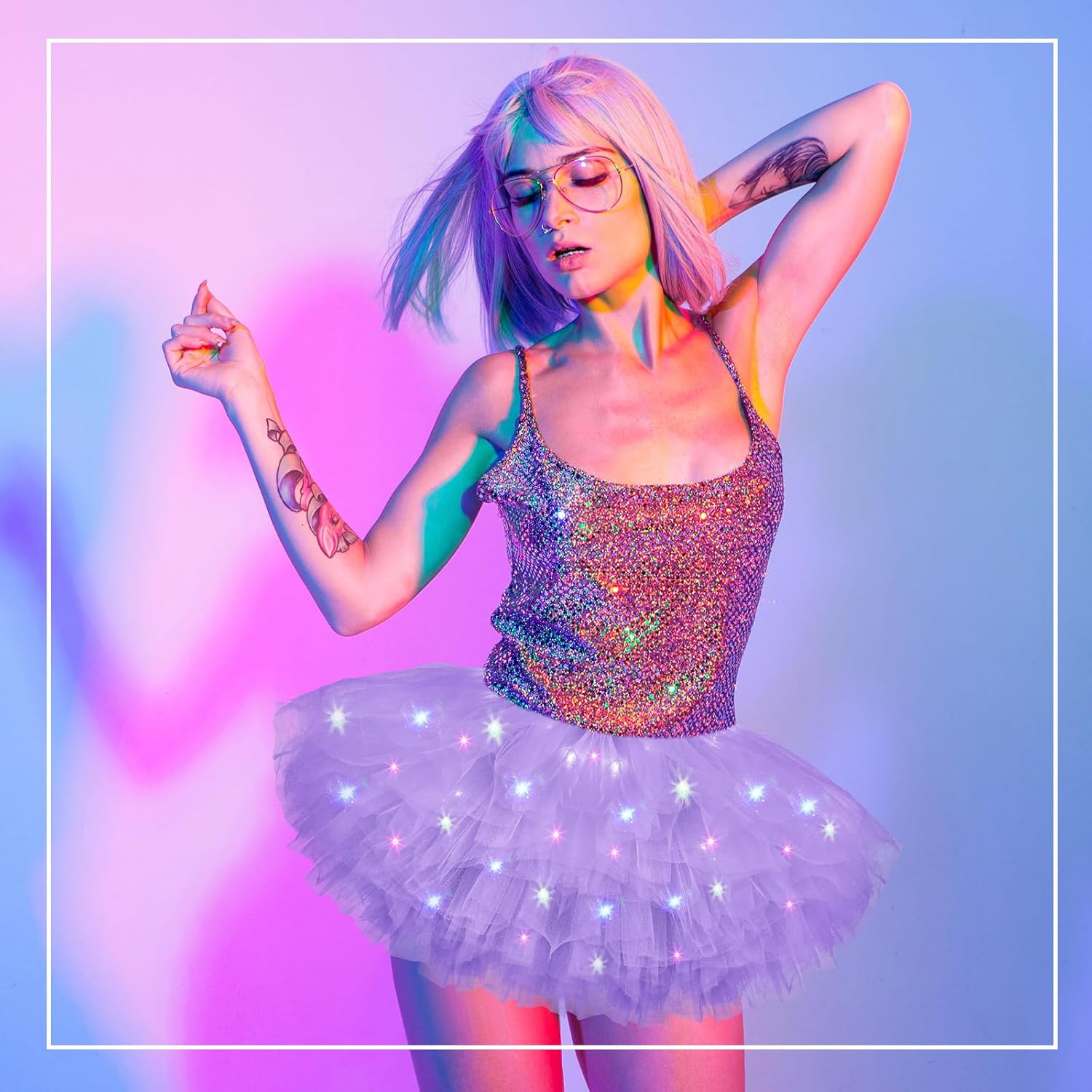 Crowye LED Tutu Skirt Light up Tutus 5 Layered Neon Tulle Skirt for Women 80's Party Valentine's Day New Year Glitter Costume