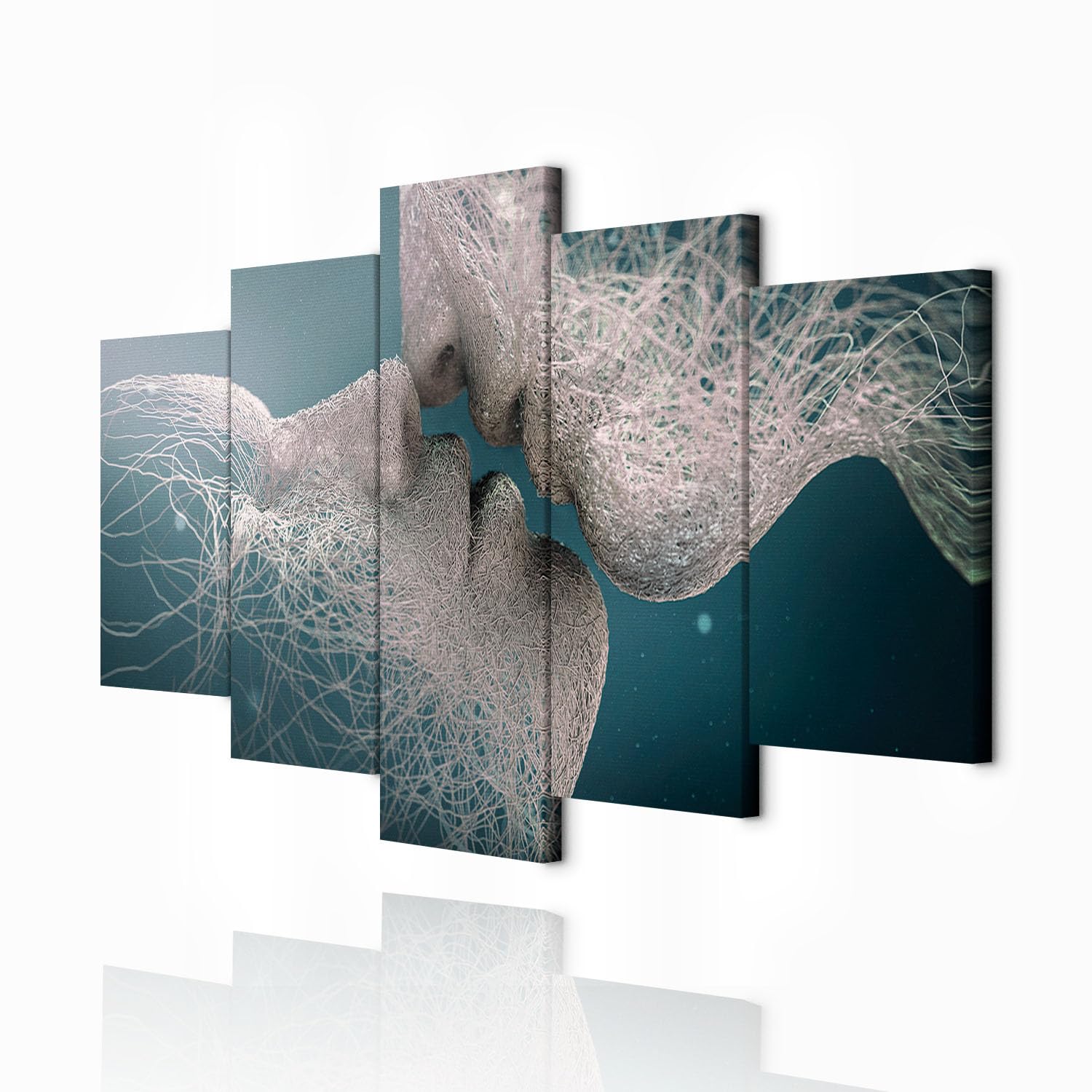 decomonkey Quadri Moderni Soggiorno Astratto Bacio, 5 pezzi, 200x100 cm | Tela strutturata su telaio in legno, decorazione da parete, coppia, amore, uomo, persone, bianco, turchese