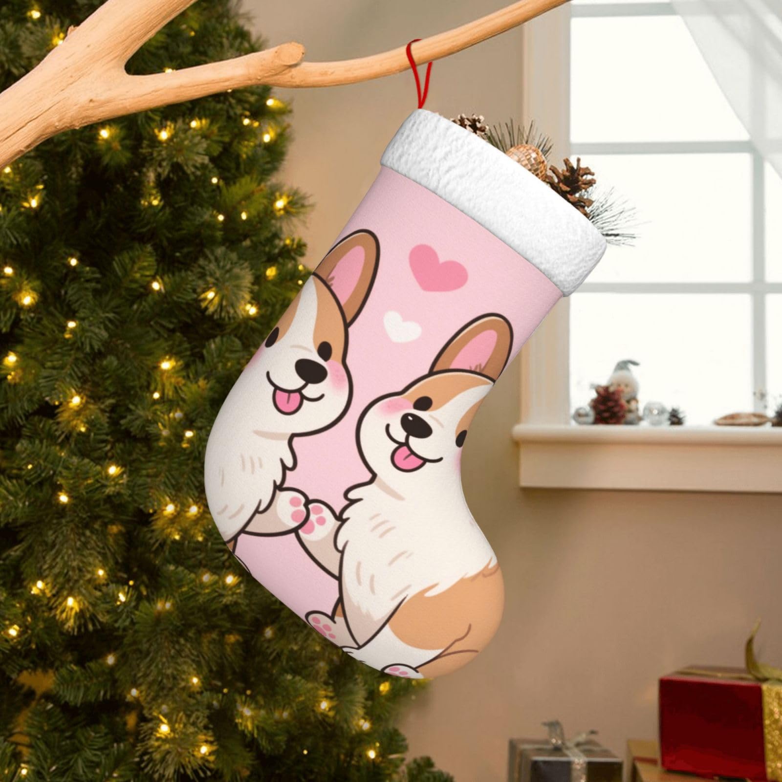 Velvet Christmas Stockings 17.7 Inch, Cute Corgis Love Xmas Stocking with Soft Cuff,Classic Personalized Christmas Tree Decoration for Family Holiday New Year Party Supplies