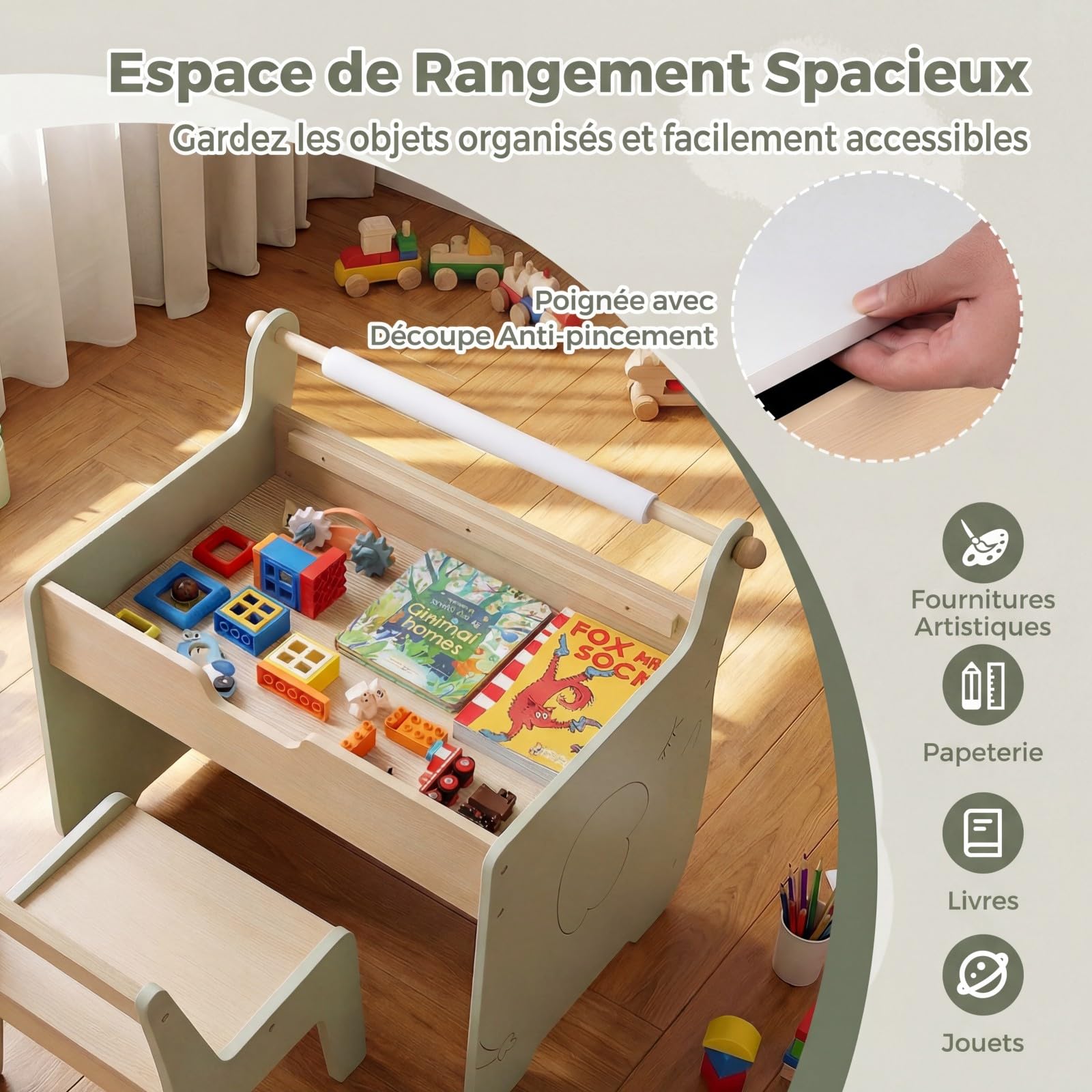 COSTWAY 4 en 1 Table Enfant avec Chaise en Forme d'Eléphant, Table et Chaise en Bois avec Tableau Amovible & Porte-Rouleau de Papier, Charge 40/100 kg
